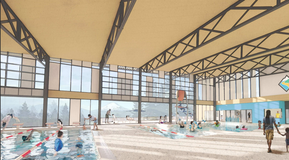 Indoor swimming pool with children swimming, adults supervising, and large windows showing a mountain landscape outside.