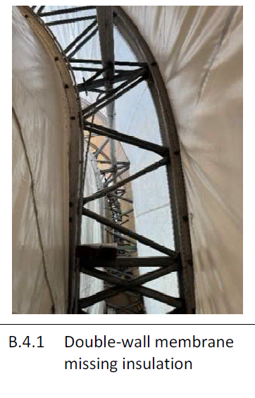 The image shows a double-wall membrane structure with missing insulation, viewed from inside the structure looking outward.