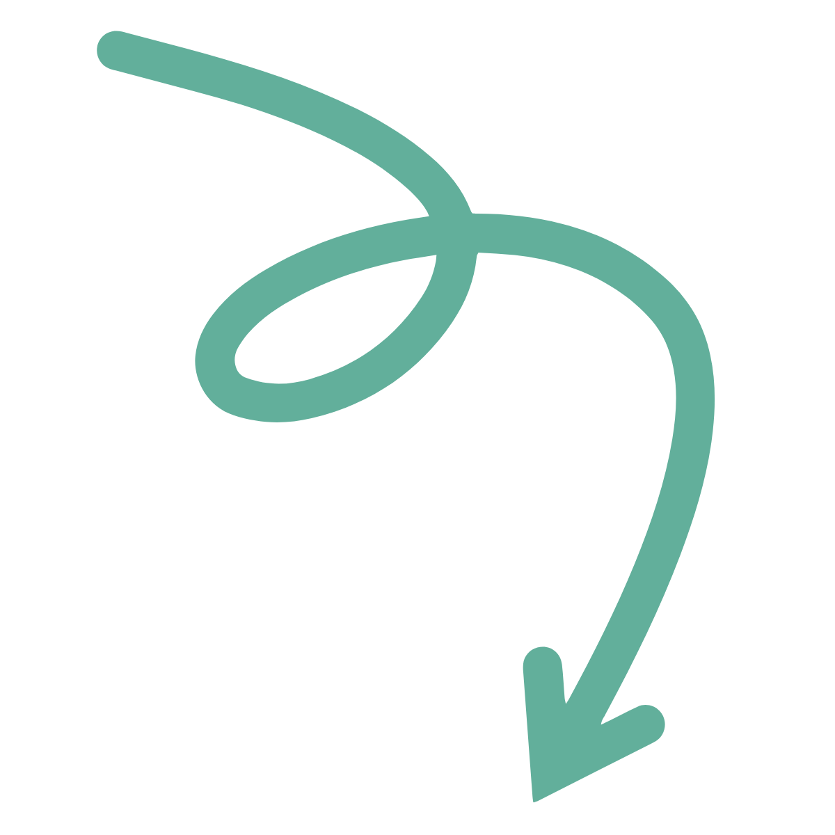 A stylized teal arrow looping around clockwise, ending with a downward arrow.