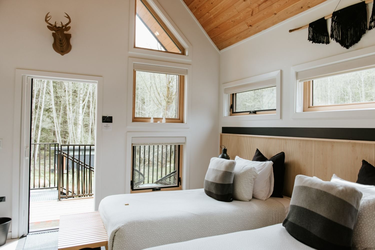 A bedroom with two beds with white bedding and black pillows, a wooden headboard, multiple windows showing trees outside, a door leading to a balcony, a deer head wall decoration, and a black blanket hanging on the wall.