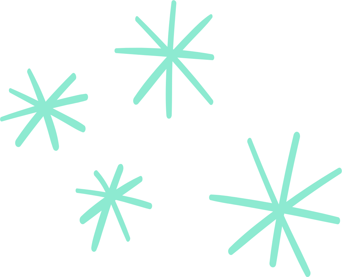 Four stylized teal starbursts on a black background.