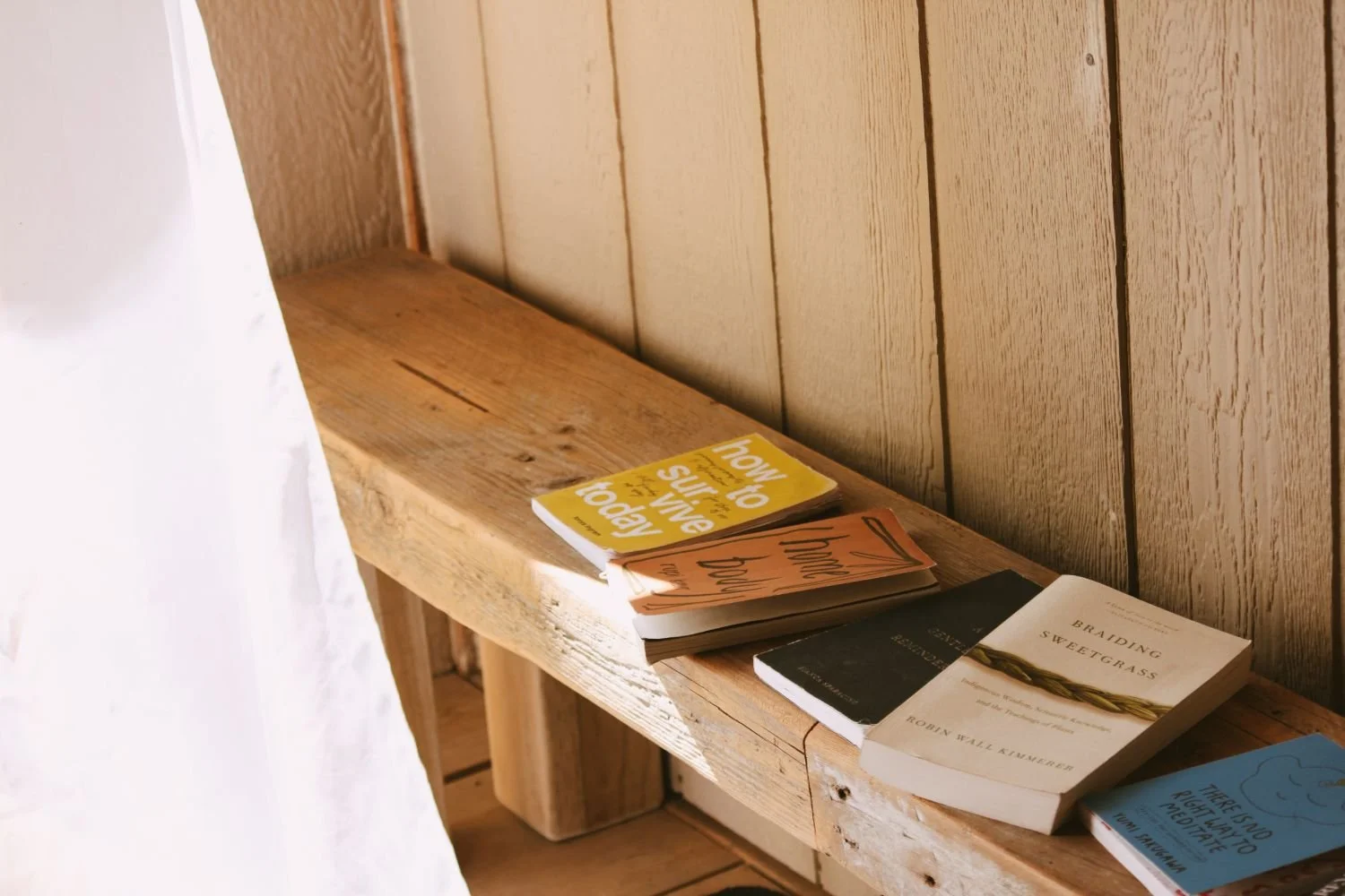 A wooden shelf with five books placed on it, against a wood-paneled wall. The books include titles such as "How to Survive" and "Breading Sweetgrass."