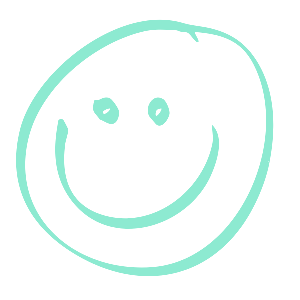 Simple turquoise line drawing of a smiling face inside a circular shape, resembling a smiley face.