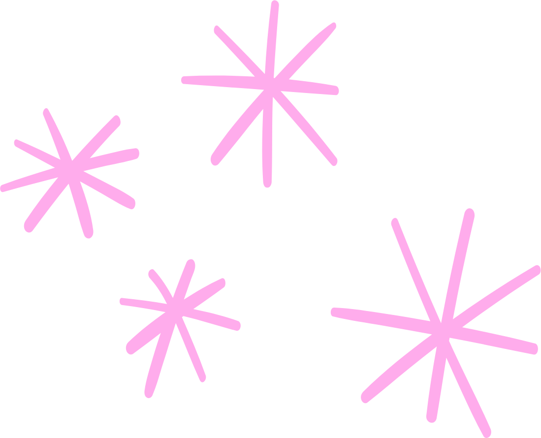 Four pink starburst shapes on a black background.