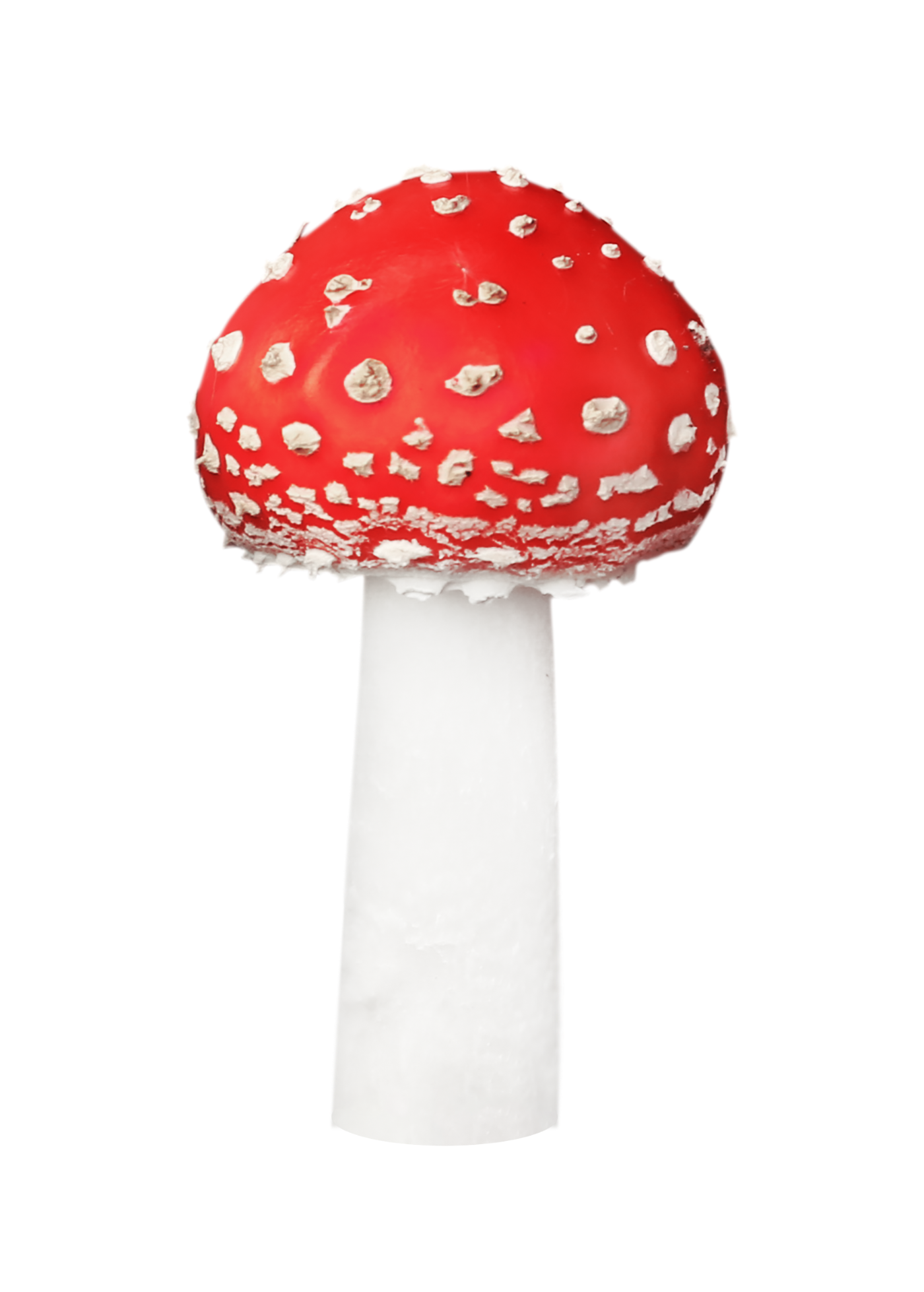 A digital rendering of a mushroom with a red cap, white spots, and a white stem.