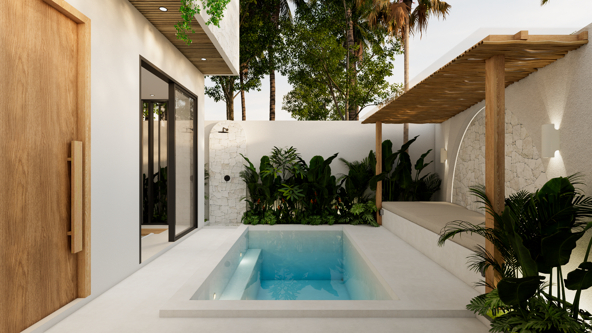 Modern outdoor patio with small rectangular pool, lush green plants, a white stone wall, a wooden pergola with a cushioned seating area, and a glass sliding door leading inside.