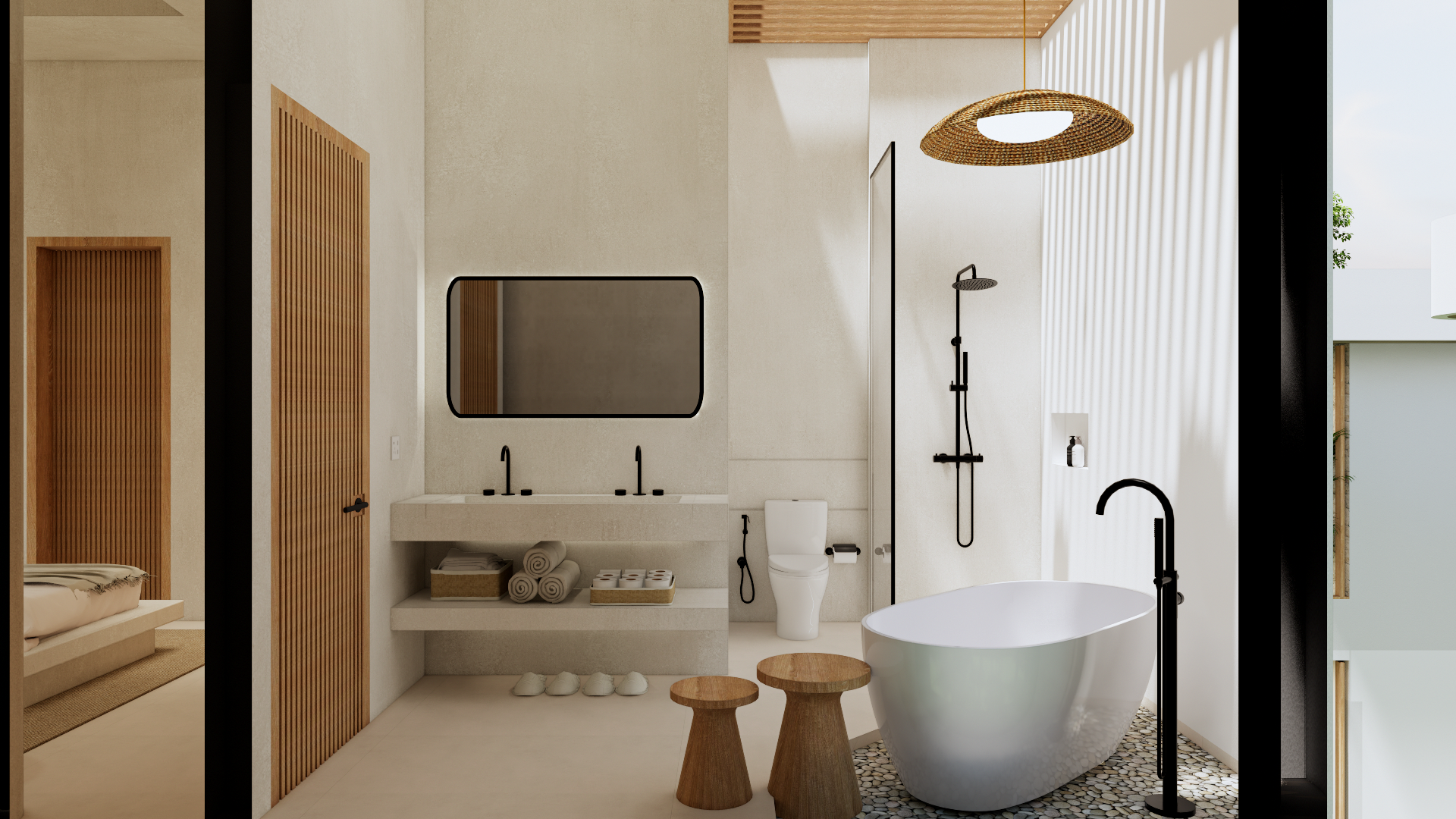 Modern bathroom with a freestanding bathtub, vanity with two black faucets, a mirror, a toilet, and a walk-in shower with black fixtures. Features include wooden stools, a textured pebble floor, and natural light.