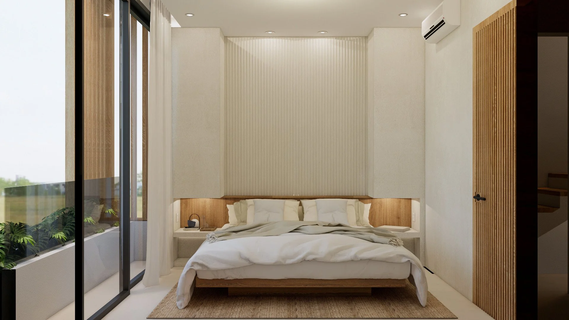 Modern bedroom with a bed, multiple pillows, bedside tables, a glass wall with curtains, and wooden accents.