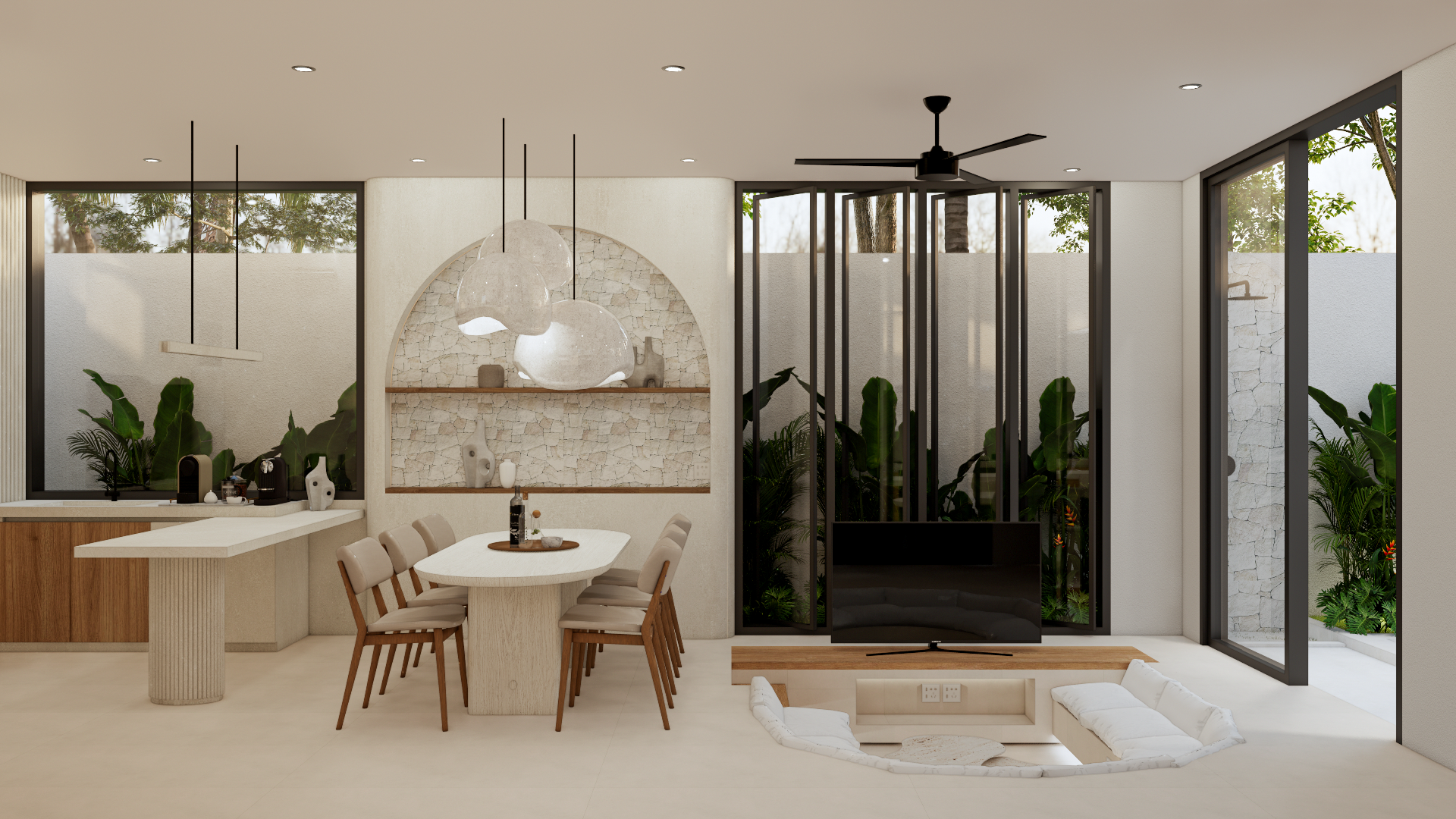 Modern open-plan living room and dining area with floor-to-ceiling windows, a TV, a dining table with chairs, hanging pendant lights, indoor plants, and a white textured accent wall.