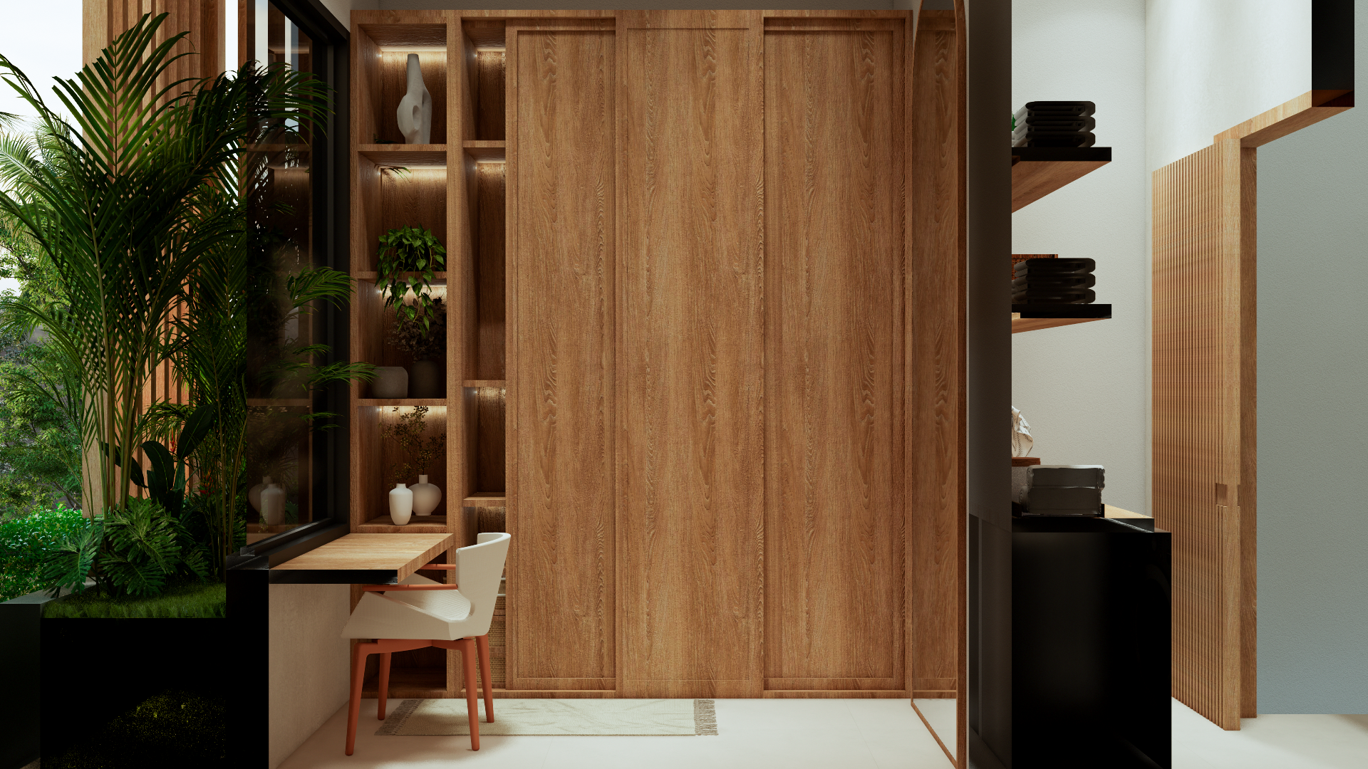 Interior view of a modern room with wooden panel walls, a small desk with a white chair near a window, and shelves with decorative vases and plants. Large window reveals outdoor greenery.