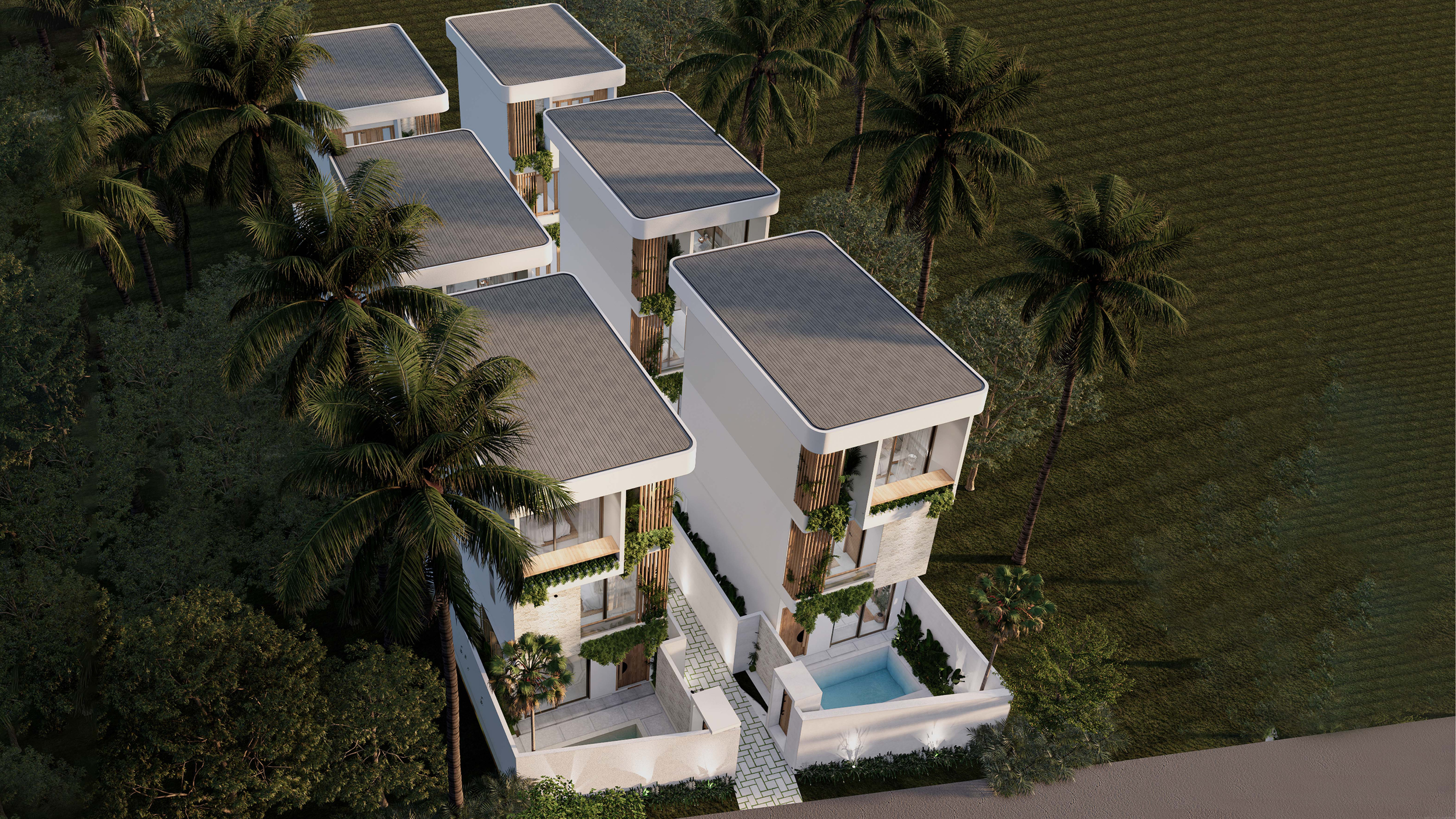 A modern residential complex with multiple white villas featuring curved flat roofs, surrounded by tall palm trees, greenery, and a small swimming pool in the outdoor space.