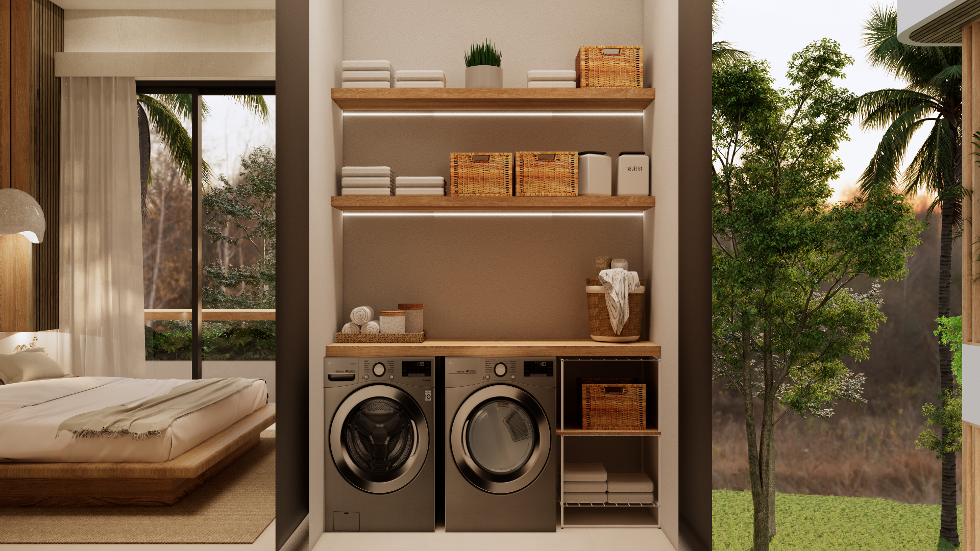 A modern laundry room with shelves holding towels, baskets, and storage containers, adjacent to a bedroom with a large window showing trees and greenery outside.