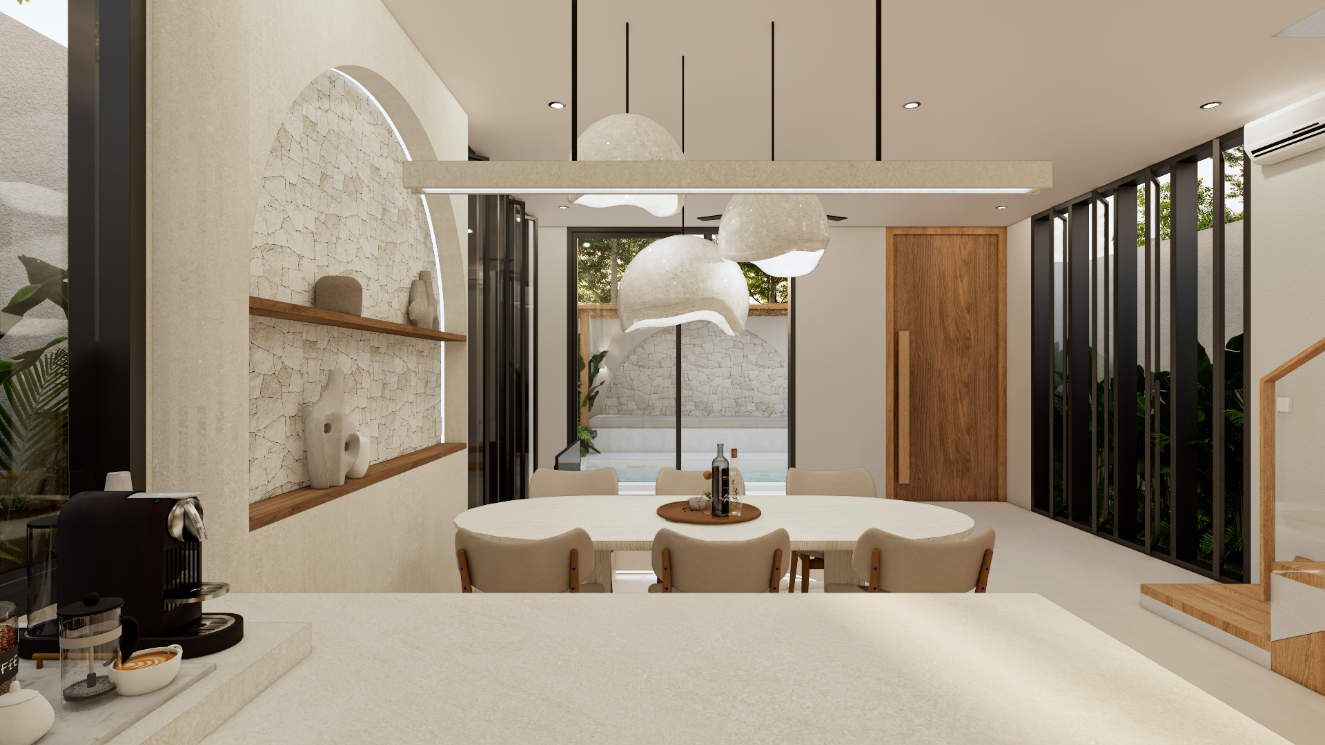 Modern dining area with an oval table and eight beige chairs, pendant lights overhead, a white stone wall with wooden shelves and decorative vases, sliding glass doors leading to an outdoor pool area, and a staircase with wooden steps and black metal