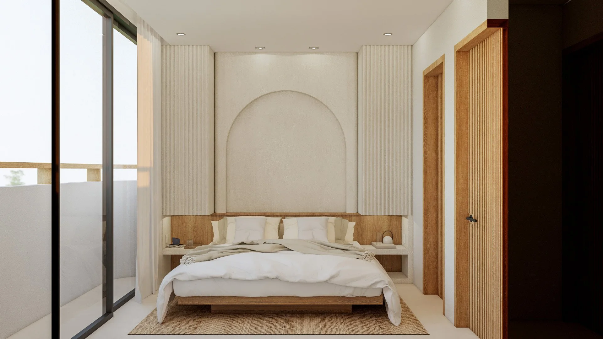 Modern bedroom with a bed, cream bedding, and built-in nightstands with lamps, wooden accents, and a large window with a balcony.