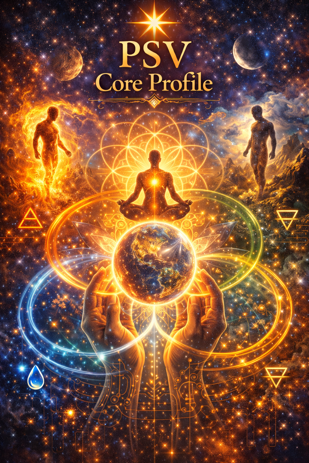 Cosmic digital artwork depicting the PSPV Core Profile, featuring glowing human silhouettes, a globe, and geometric patterns set against a starry space background with planets.
