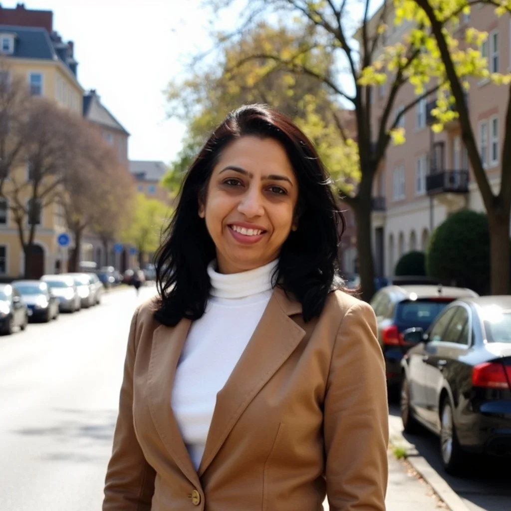 A woman smiling outdoors on a sunny day, standing on a residential street with parked cars and trees in the background.