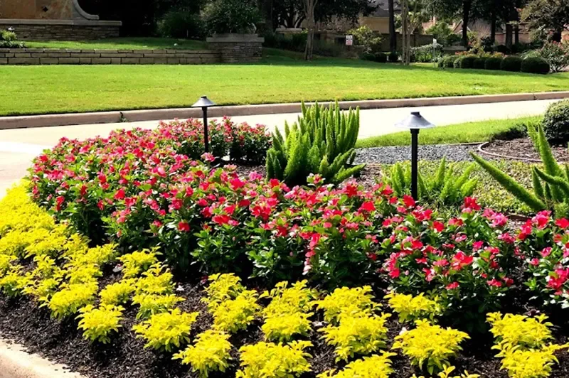 Colorful flower bed with pink and yellow flowers, green shrubs, and small garden lights in a park or front yard.