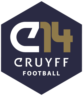 C4 Cruyff Football logo with hexagonal shape, featuring white and gold text on a dark blue background.
