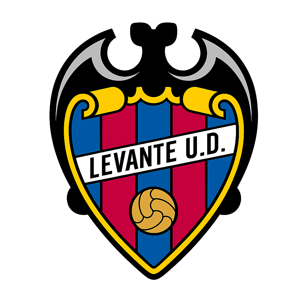 Logo of Levante U.D., a football club, featuring a shield with red and blue vertical stripes, a yellow football, and the club's name across the center.