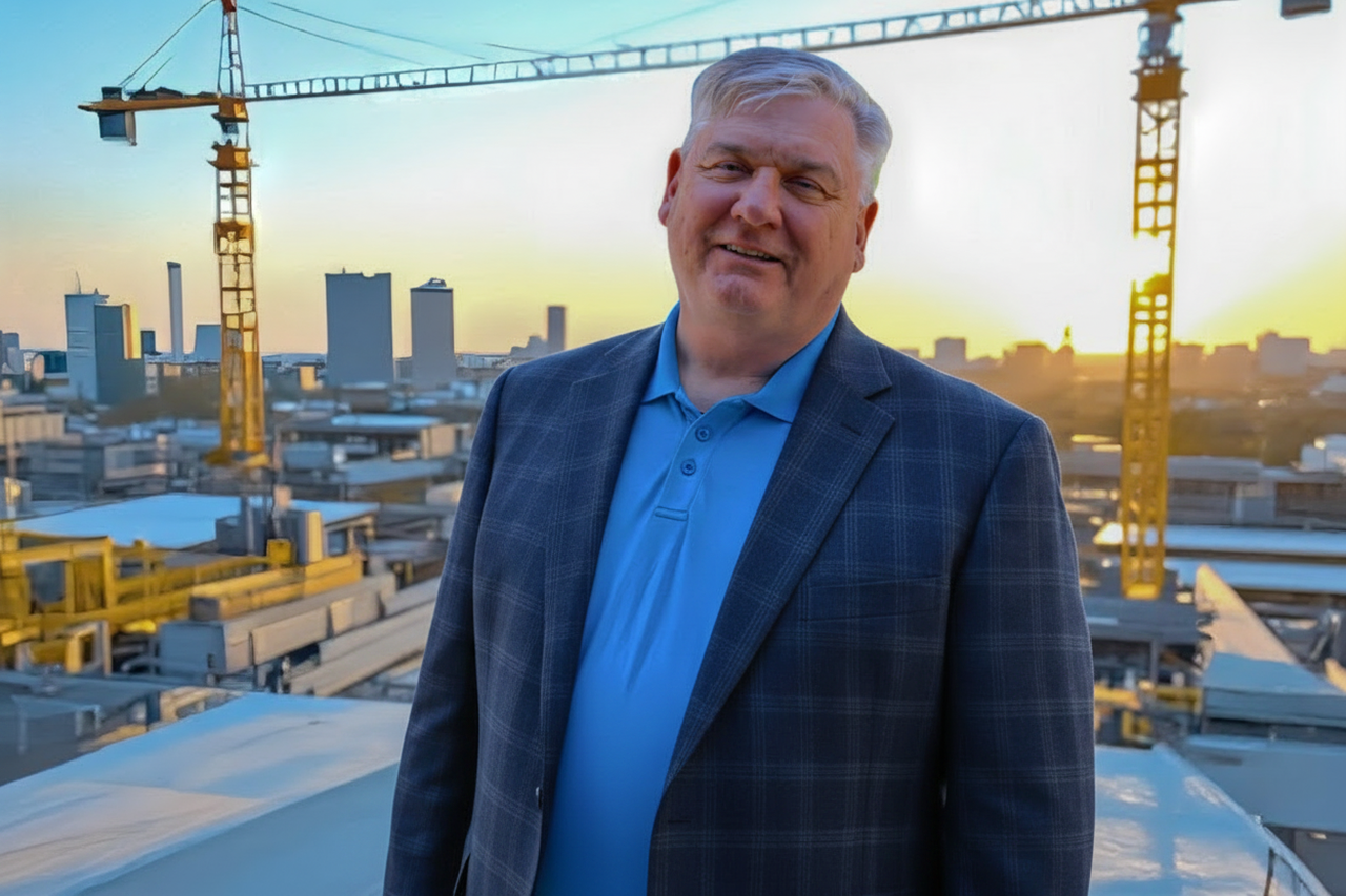 Charlie Kriston standing outdoors at a construction project overlooking a city skyline.