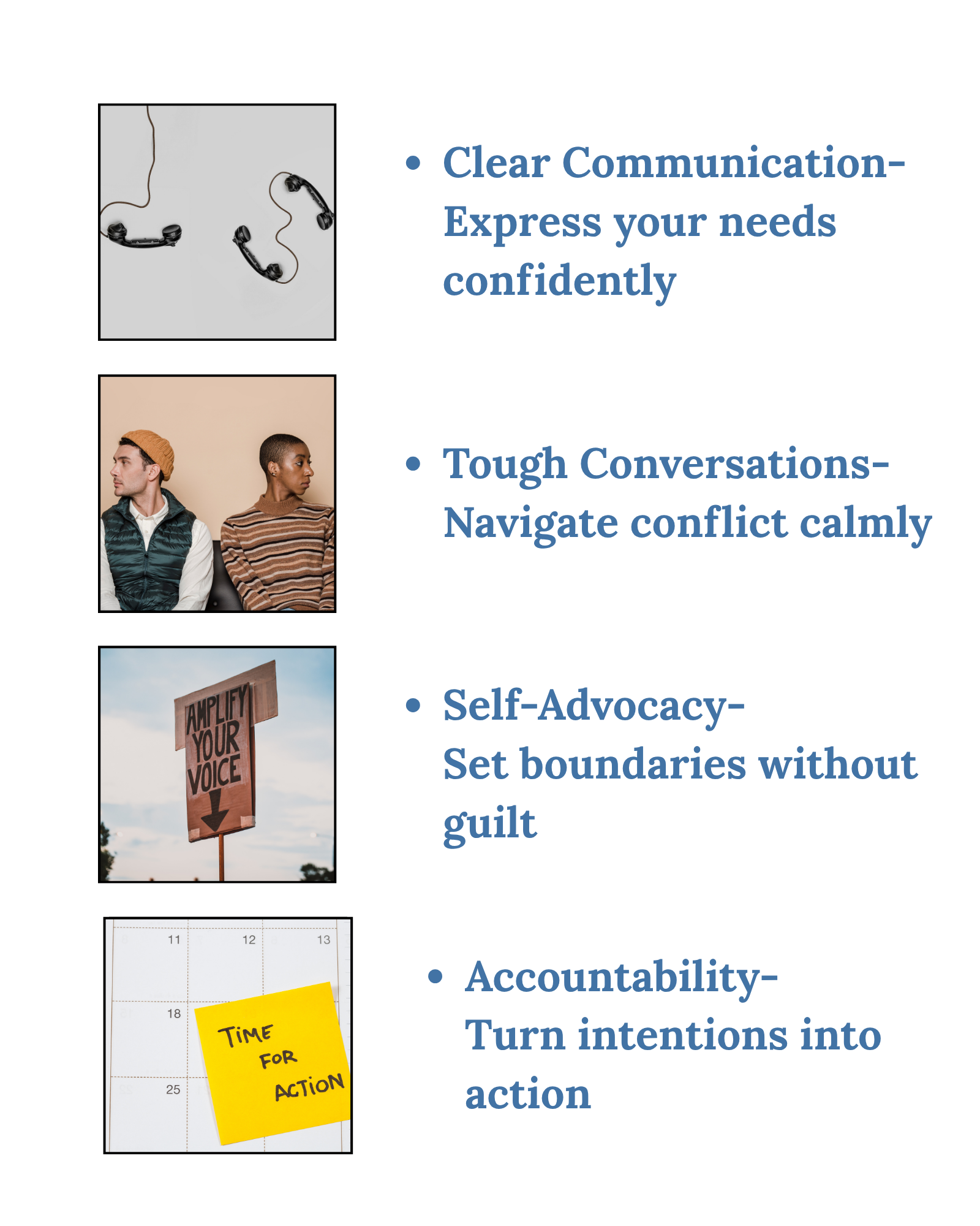 clear communication, accountability, self-advocacy, tough conversations