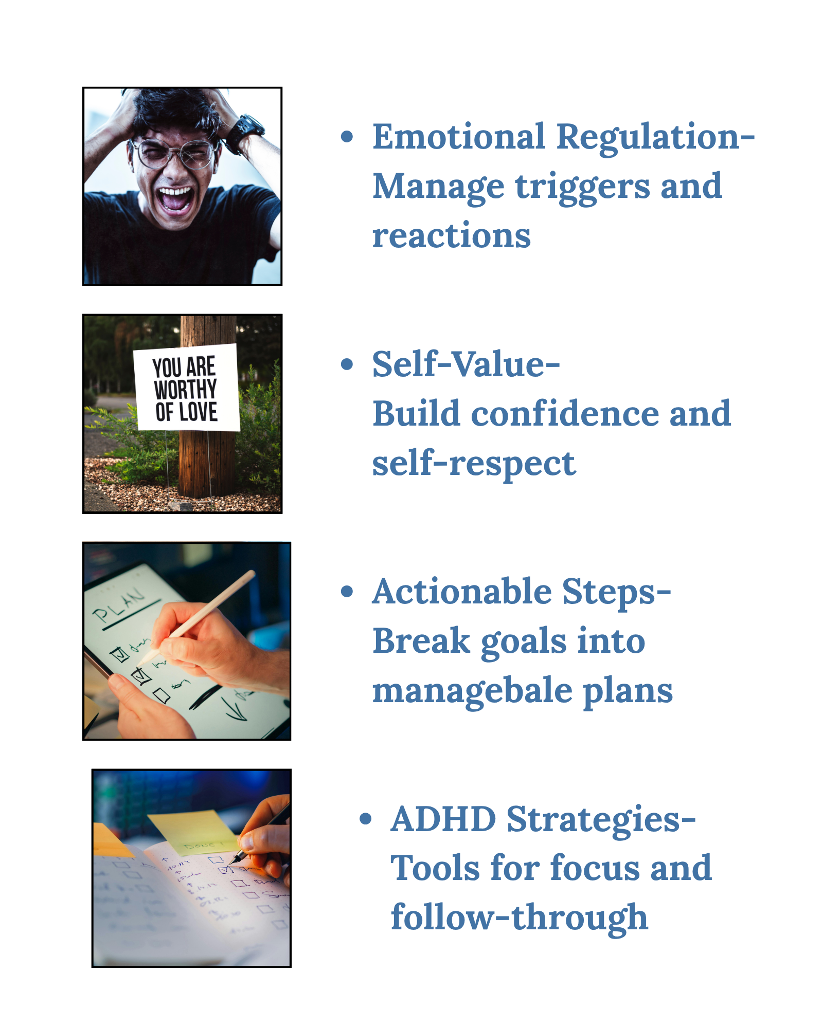 Emotional regulation, self-value, actionable steps, ADHD strategies