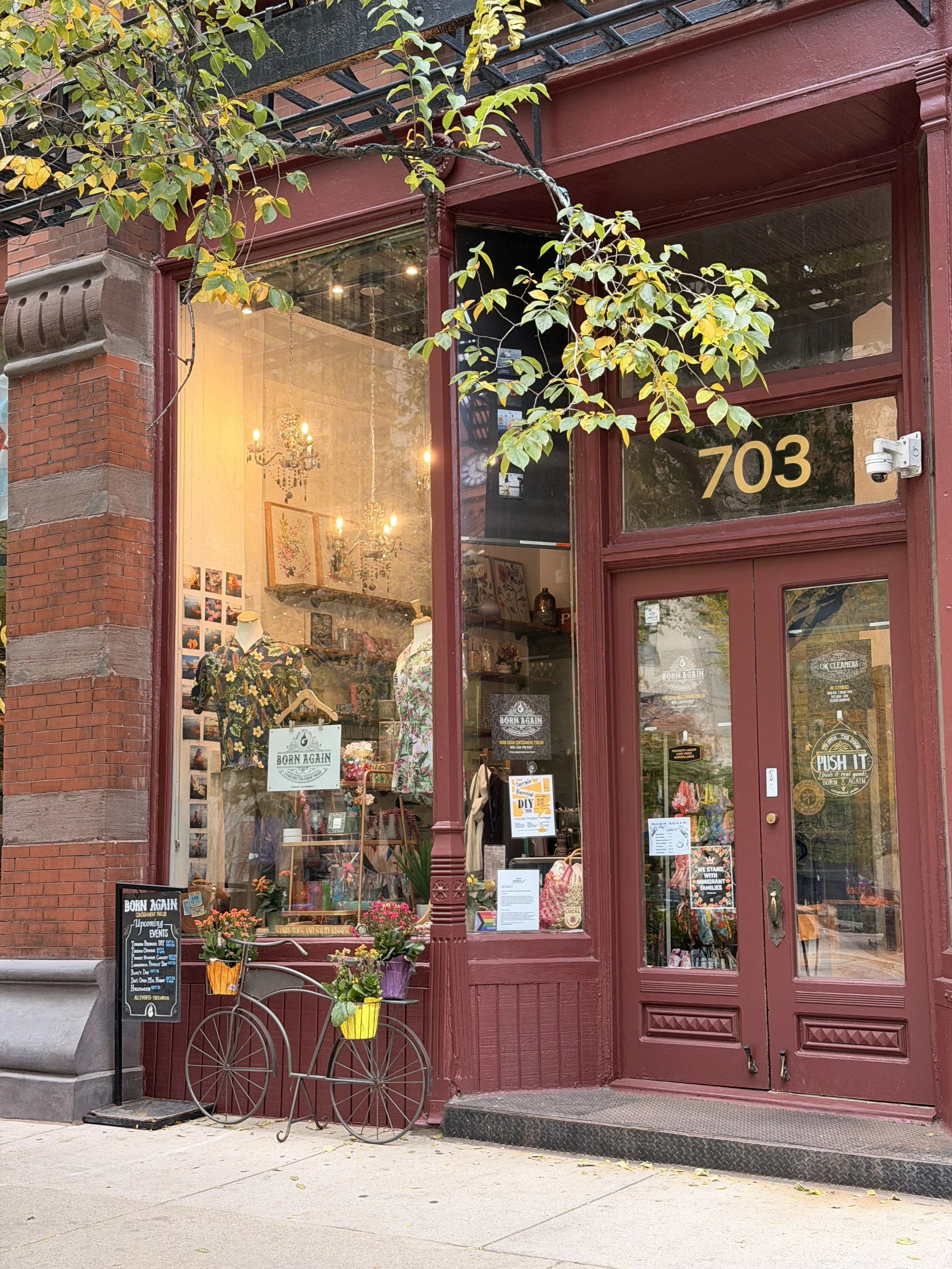 Born Again Consignment Parlor storefront, window location showing mannequins dressed in colorful, floral shirts inside. Outside, colorful flower pots sit on a vintage bicycle stand, and a small chalkboard sign lists events.
