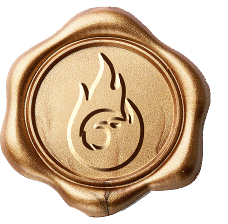 Born Again Consignment Parlor. Printers Row. A wax seal with a flame and a ball design in gold color.