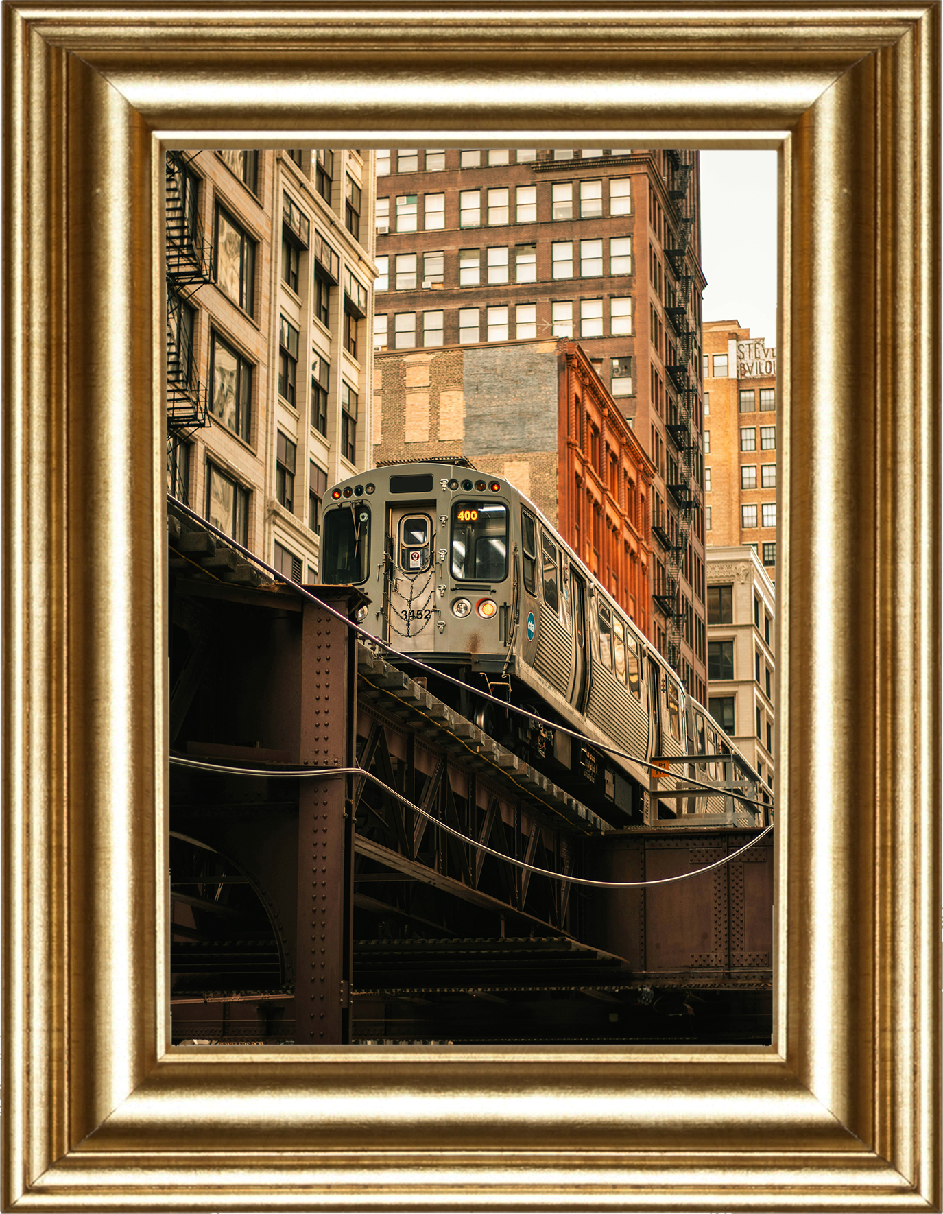 Born Again Consignment Parlor. Printers Row. A train traveling on an elevated track in a city with tall buildings in the background, viewed through a gold-colored picture frame.