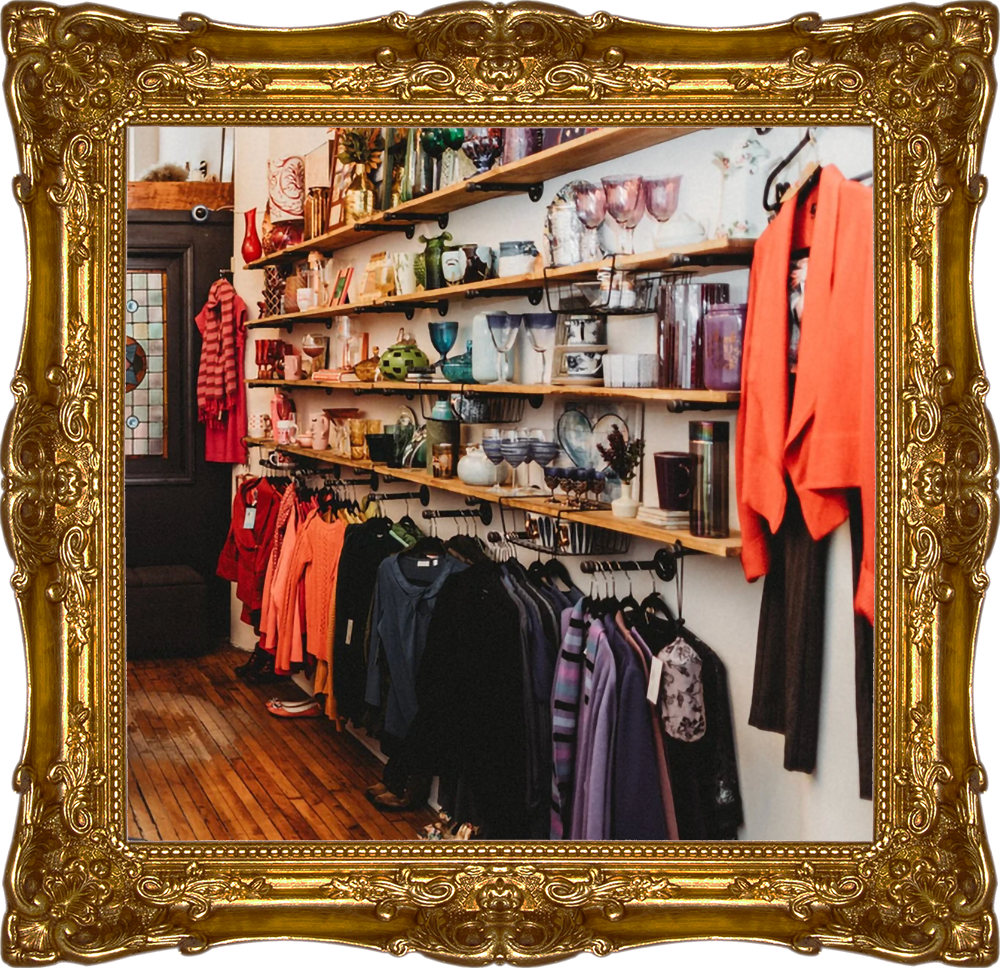 Born Again Consignment Parlor. Printers Row. A vintage store with wooden shelves displaying various decorative items and glassware, and clothing hanging on racks below, all framed in an ornate gold picture frame.