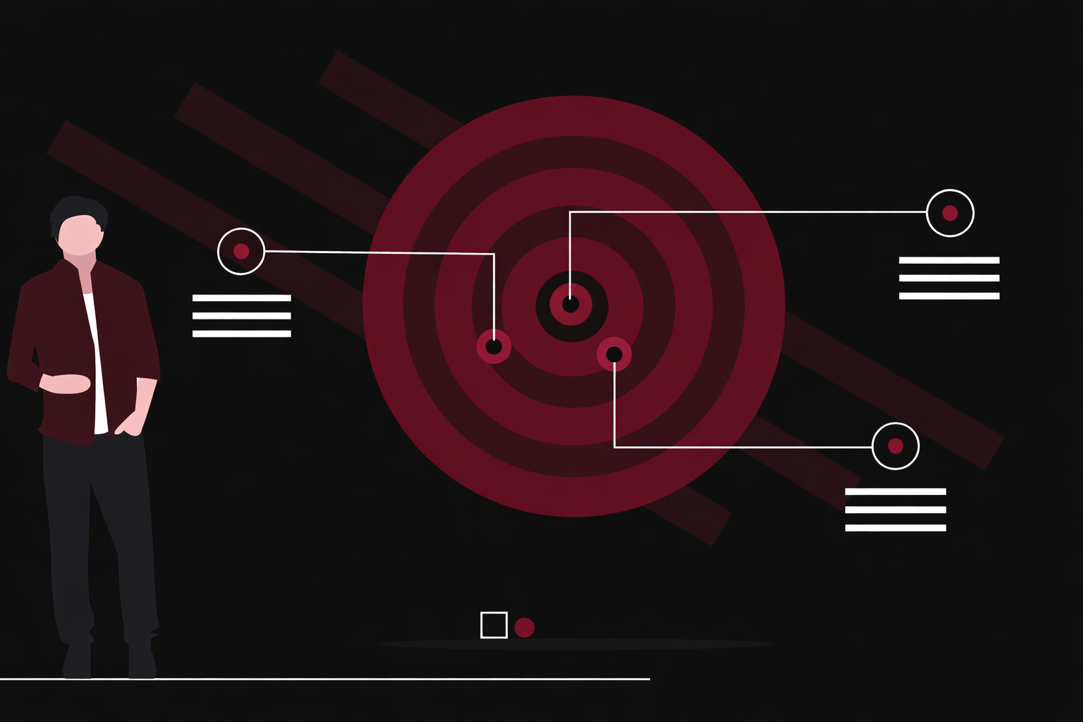 Digital illustration of a person standing beside a target with concentric circles, connected to four points with lines, on a dark background with red and white accents.