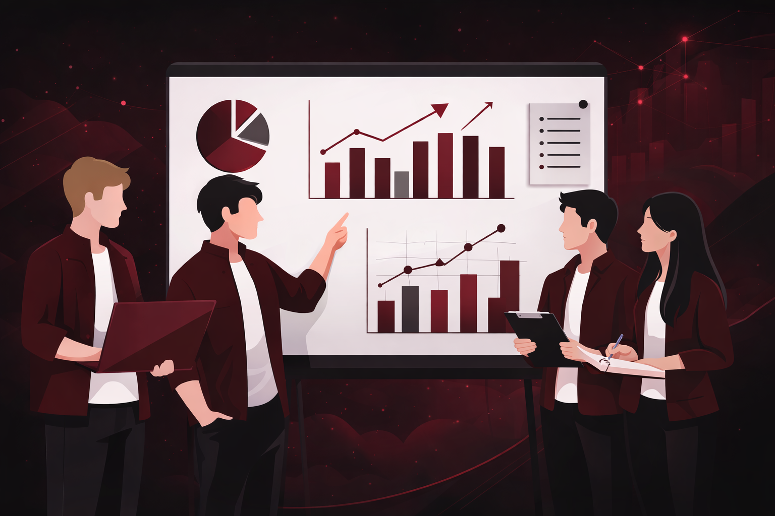Group of five people in business attire having a presentation with graphs and charts on a whiteboard.