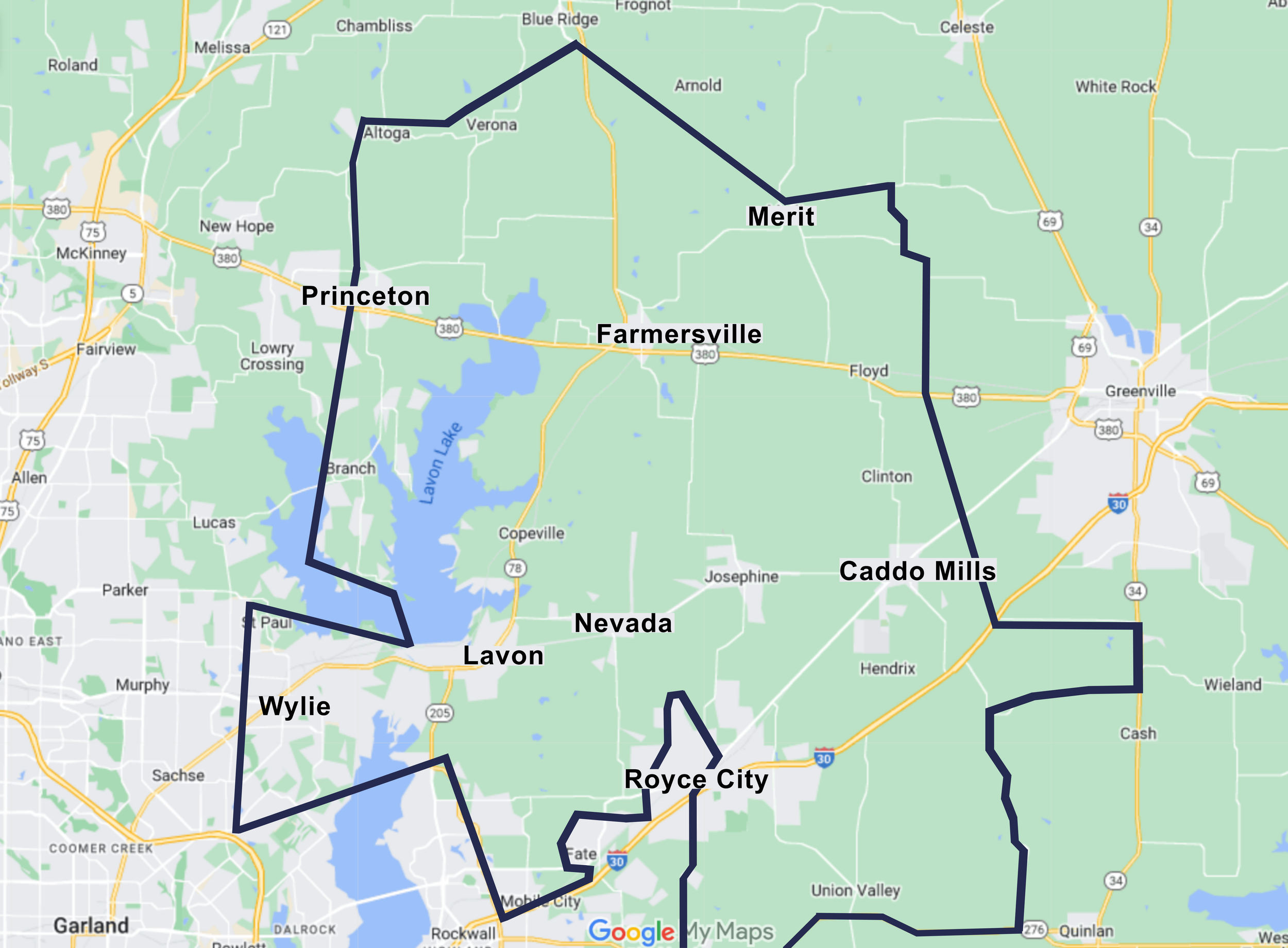 Map showing towns in Illinois, including Princeton, Merit, Farmerville, Caddo Mills, Royce City, Wylie, Nevada, Lavon, and surrounding areas, with black boundary lines.