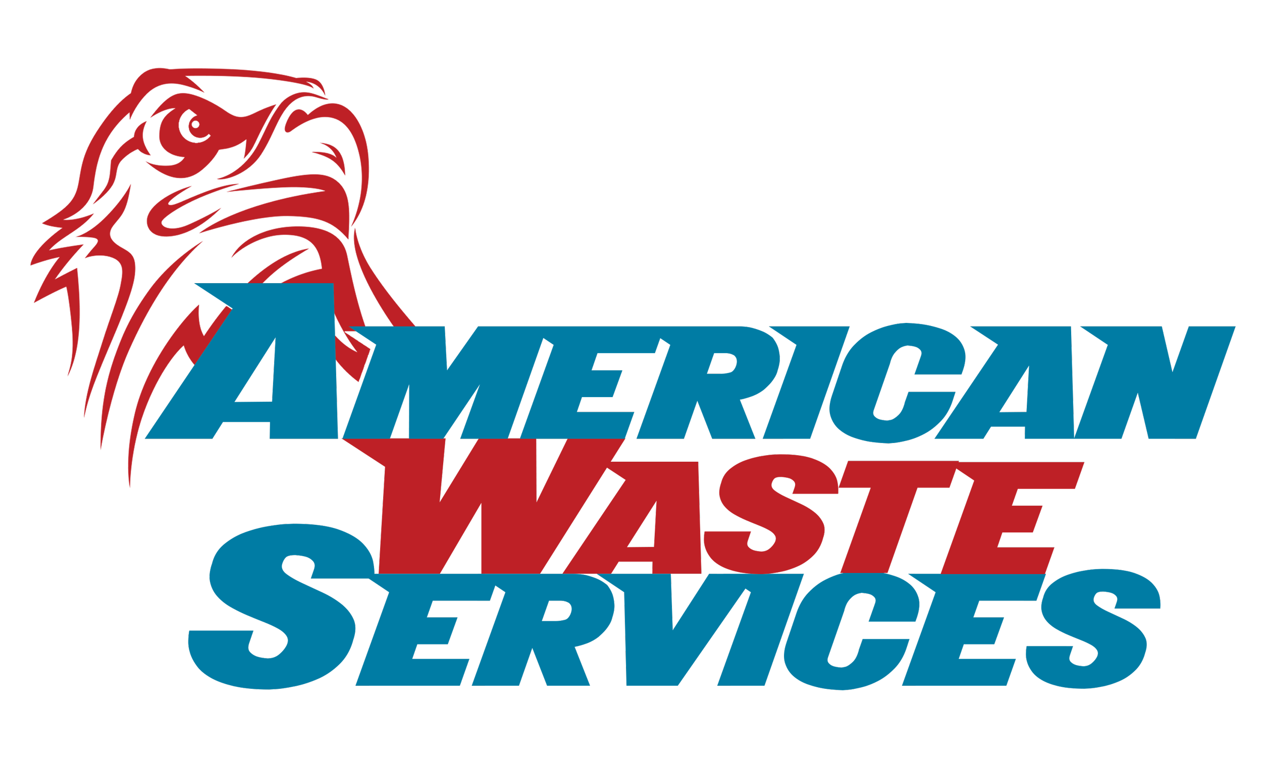 Logo for American Waste Services featuring a stylized red eagle head and the company name in blue and red text.