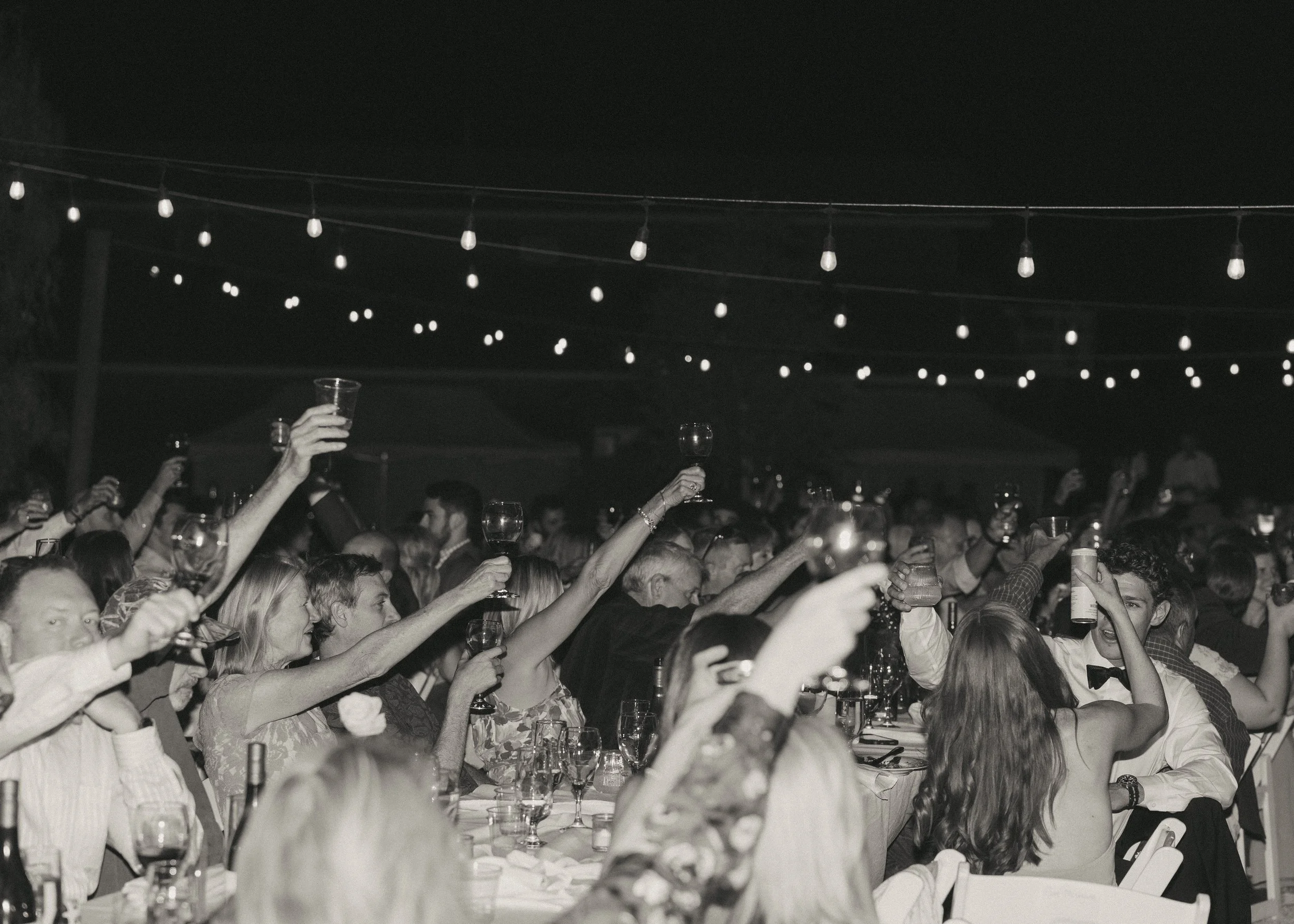 People at a party raising glasses in a toast under string lights in an outdoor setting.
