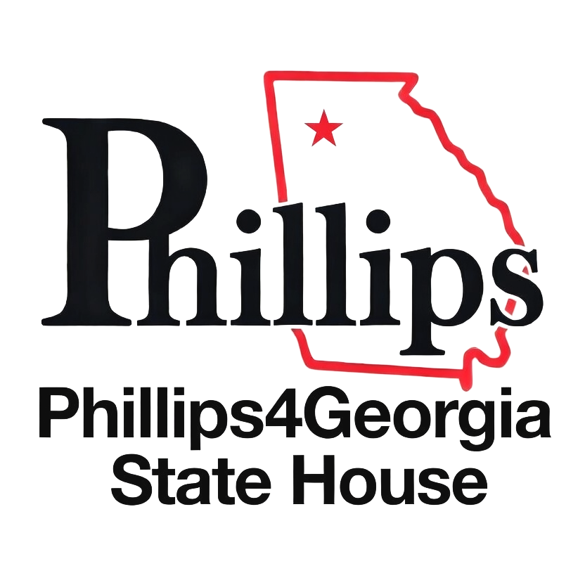 Logo for Phillips4Georgia State House featuring the outline of the state of Georgia with a star and the words 'Phillips' and 'Phillips4Georgia State House.'