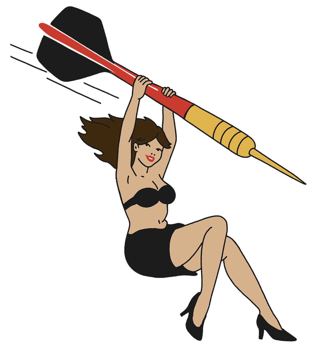 Cartoon of a woman in black two piece holding a large colorful dart