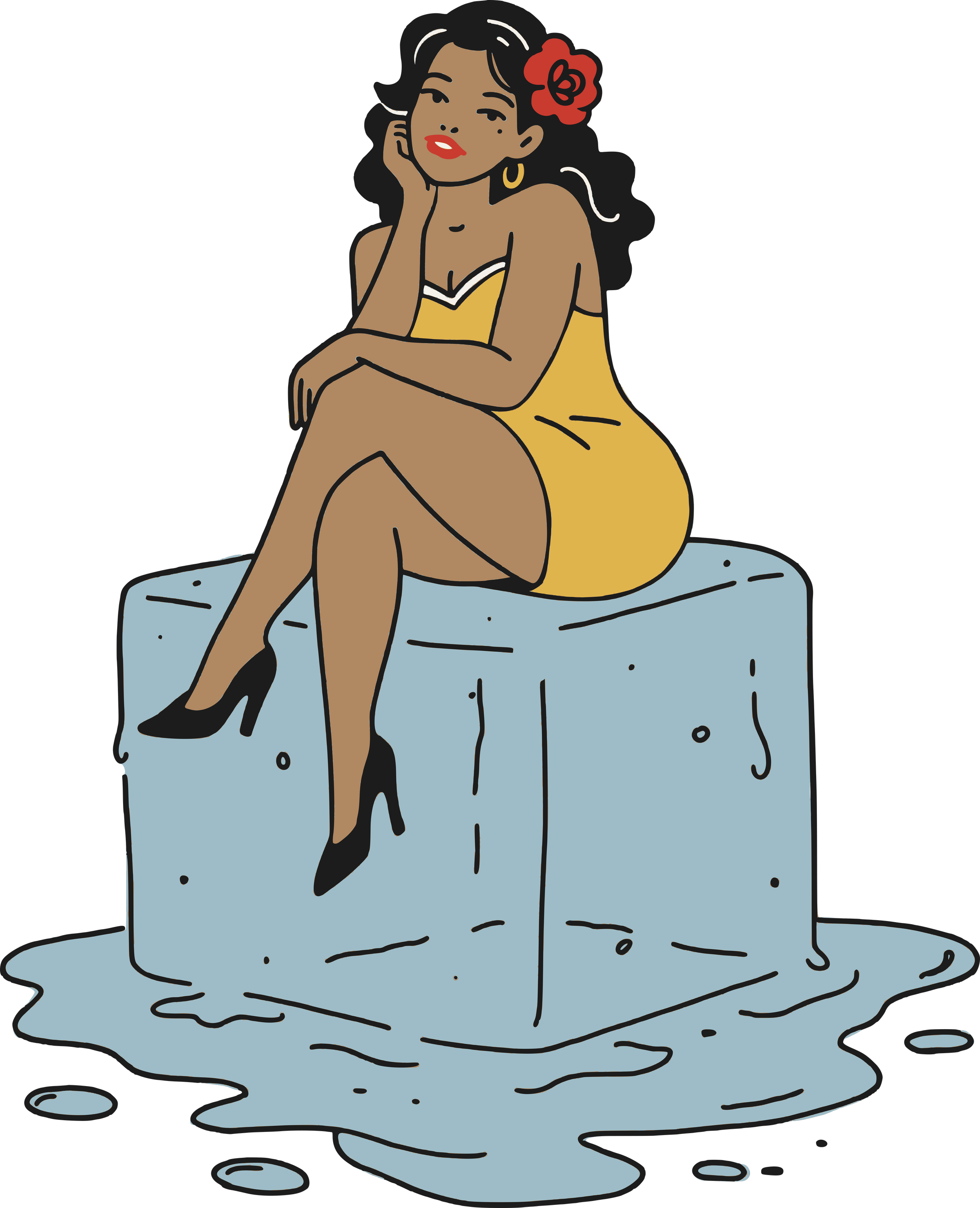 An illustration of a woman sitting on a large ice cube, wearing a yellow dress and high heels, with a red flower in her hair and gold earrings.