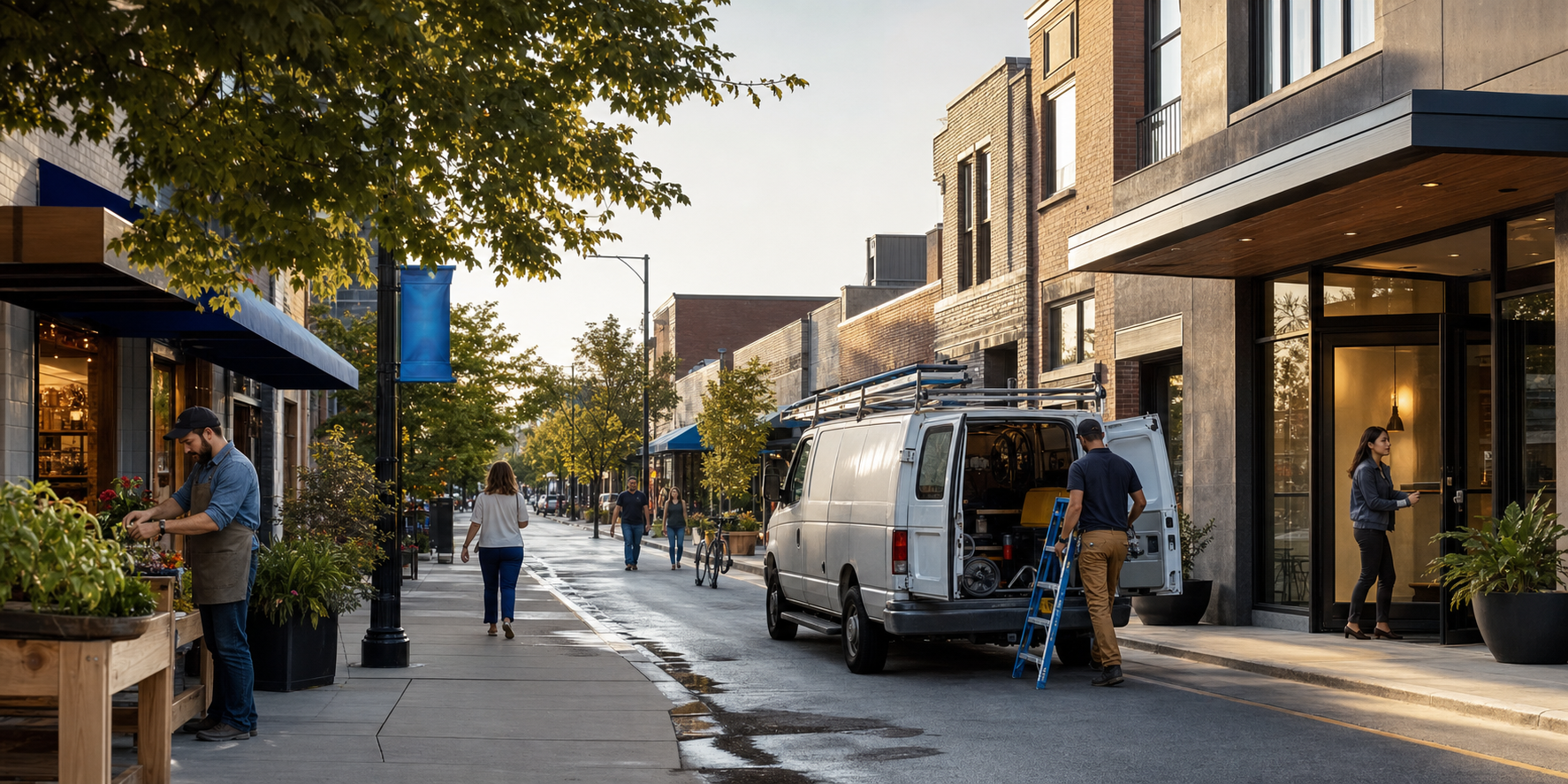 A lively local business district with a storefront, service vehicle, and professional office