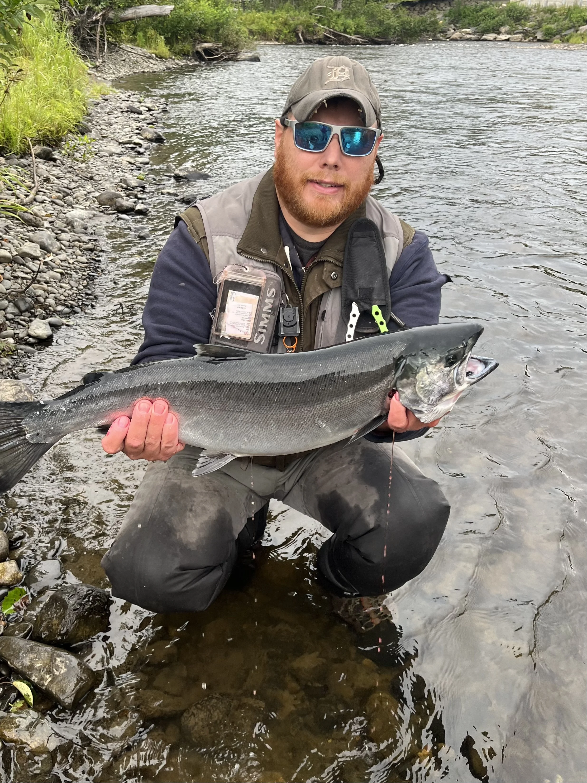 A man kneeling in a shallow river, holding a large fish with both hands. He is wearing sunglasses, a cap, and outdoor fishing gear, and appears to have caught the fish while fishing.