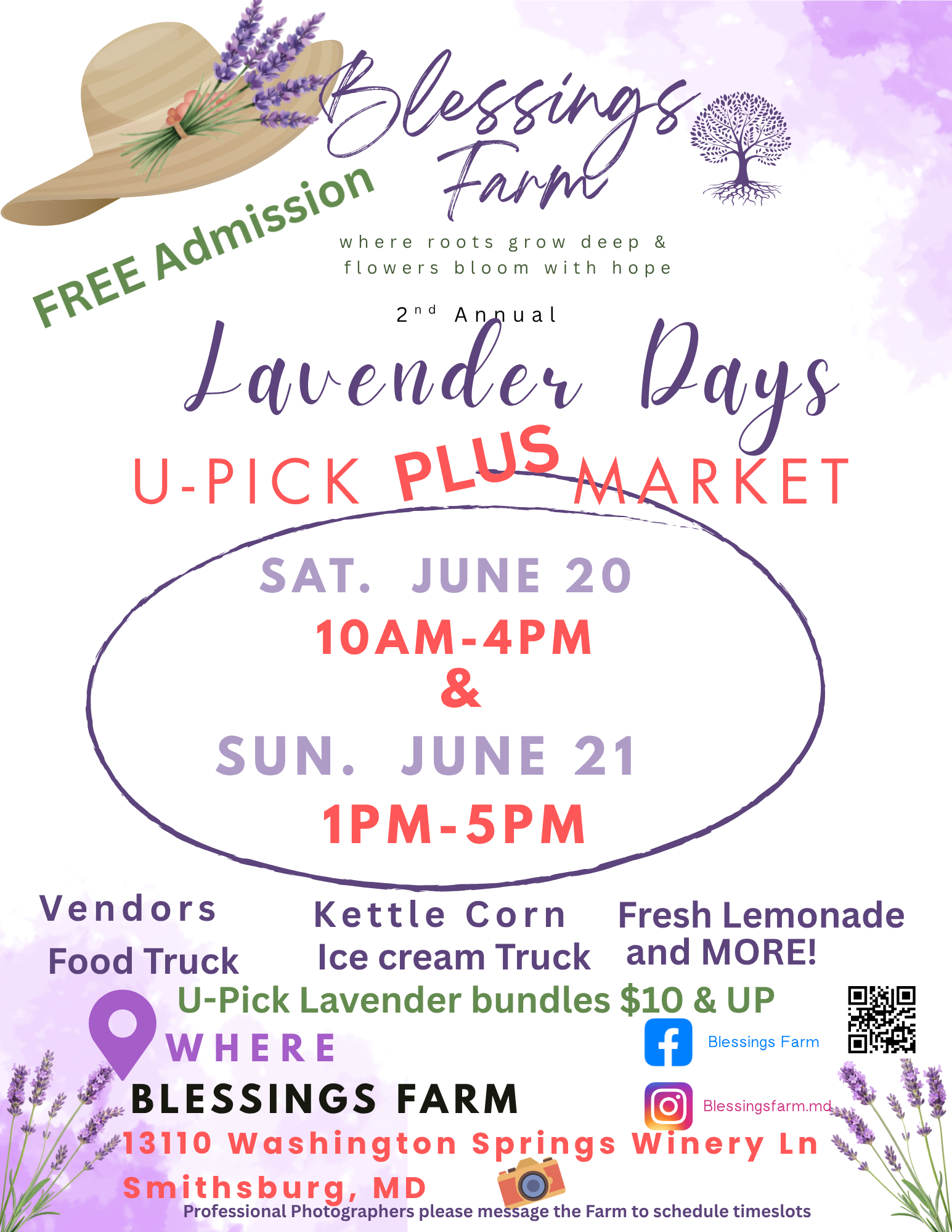 2026 Lavender Days Flyer (info: Sat, 6/20, 10a-4p & Sun, 6/21, 1p-5p, vendors/food trucks/kettle corn/ice cream/lemonade, etc at Blessings Farm)
