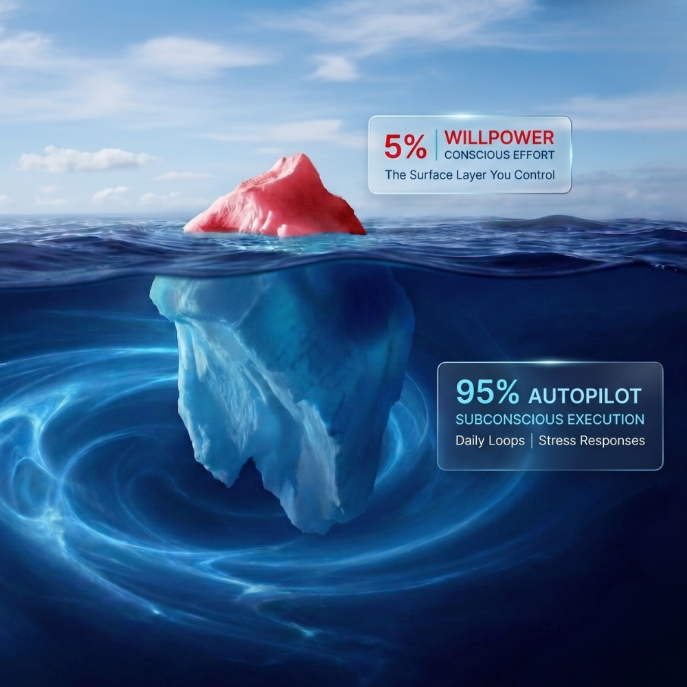 THE 5% TRAP ⎯  WHY YOU ARE STUCK  5% Willpower › The surface layer you control.  95% Autopilot › Runs your daily executions, stress responses, and behavioral loops.