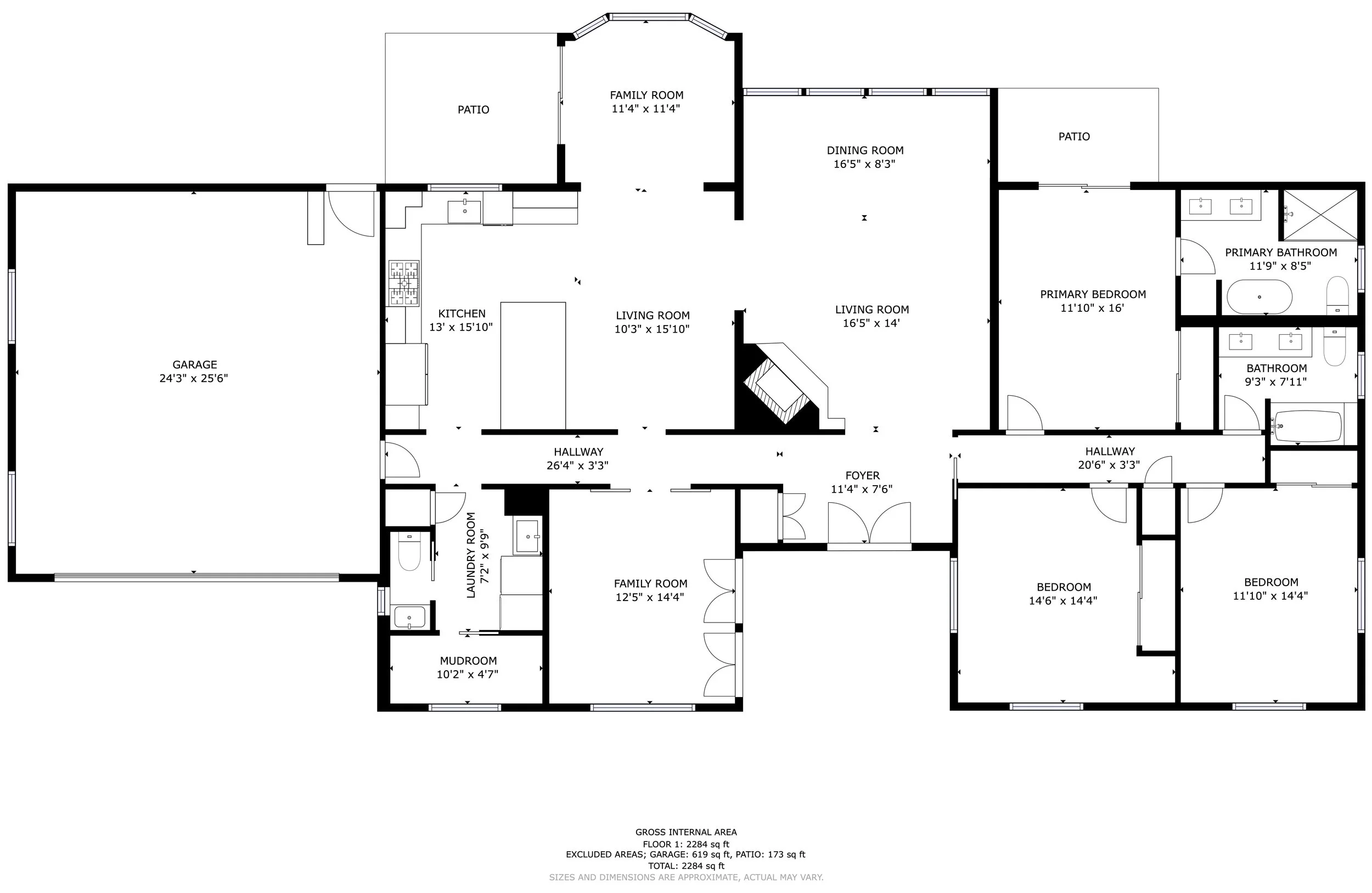 Floor plan of a house showing various rooms including a garage, kitchen, living rooms, family rooms, bedrooms, bathrooms, laundry room, mudroom, hallway, foyer, and patios with dimensions.