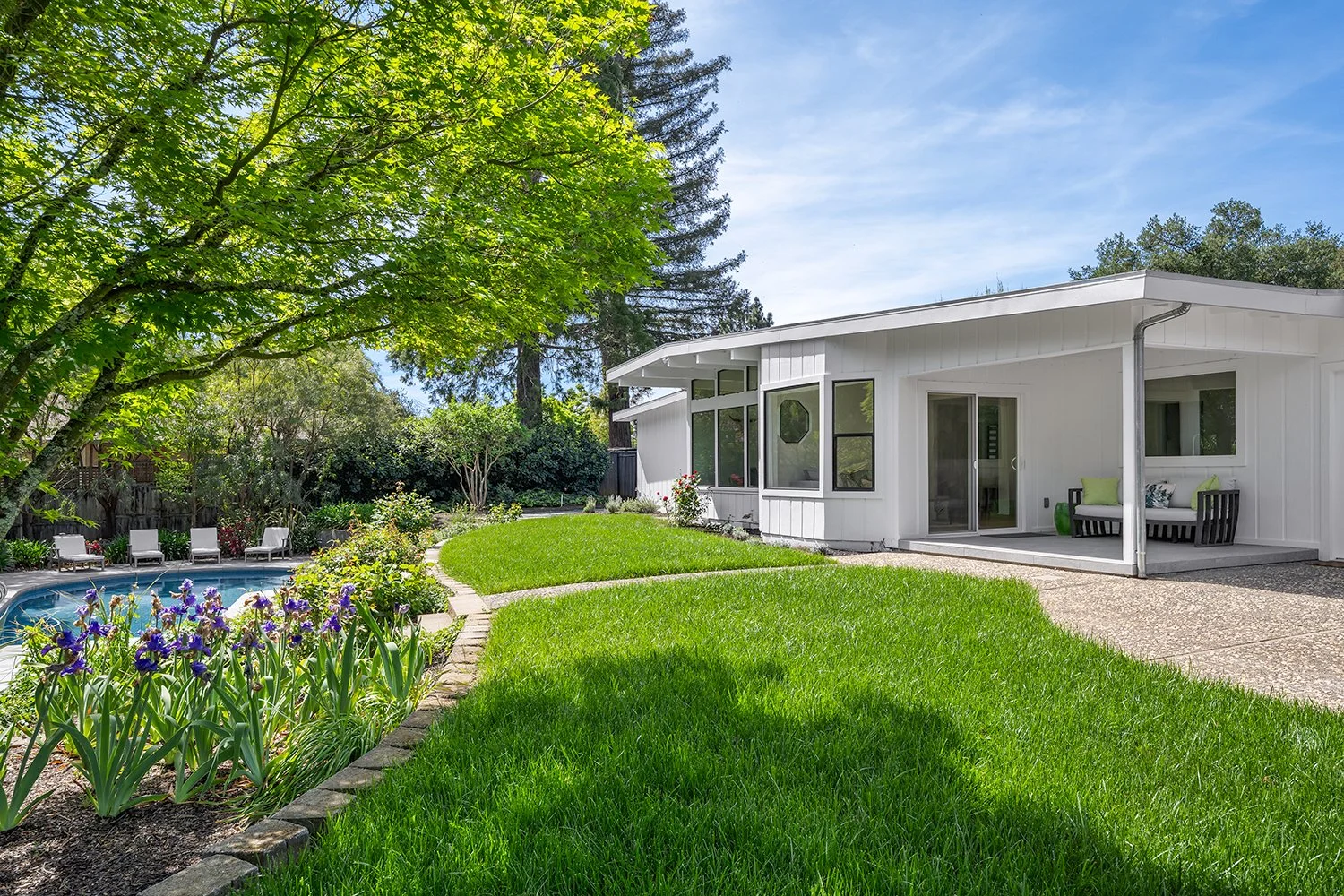 Outdoor backyard with a kidney-shaped swimming pool surrounded by a concrete deck, with several white lounge chairs and lush green trees and bushes under a blue sky.