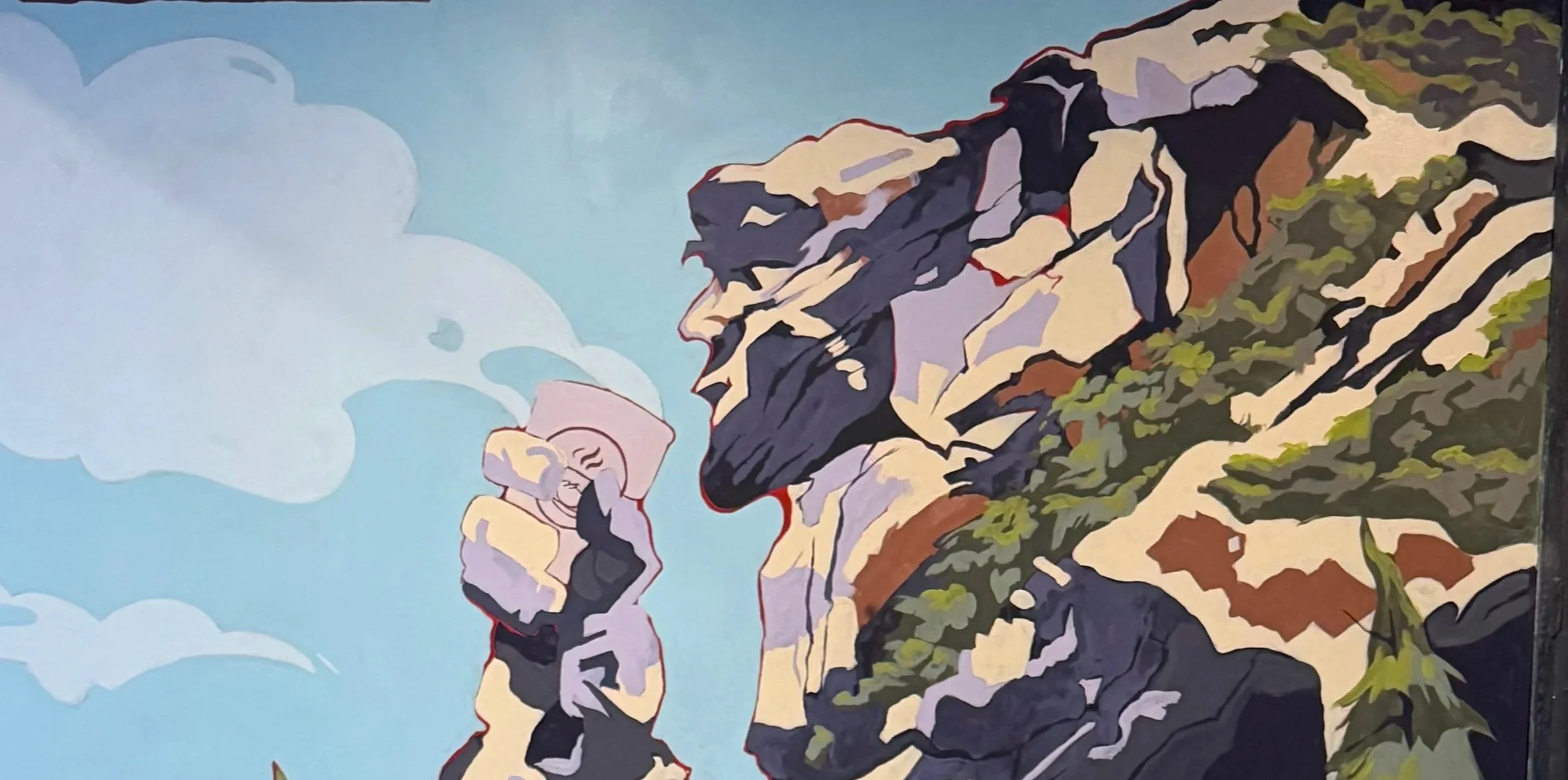 Mural painting of the Old Man of The Mountain drinking coffee in our Rock Hill cafe