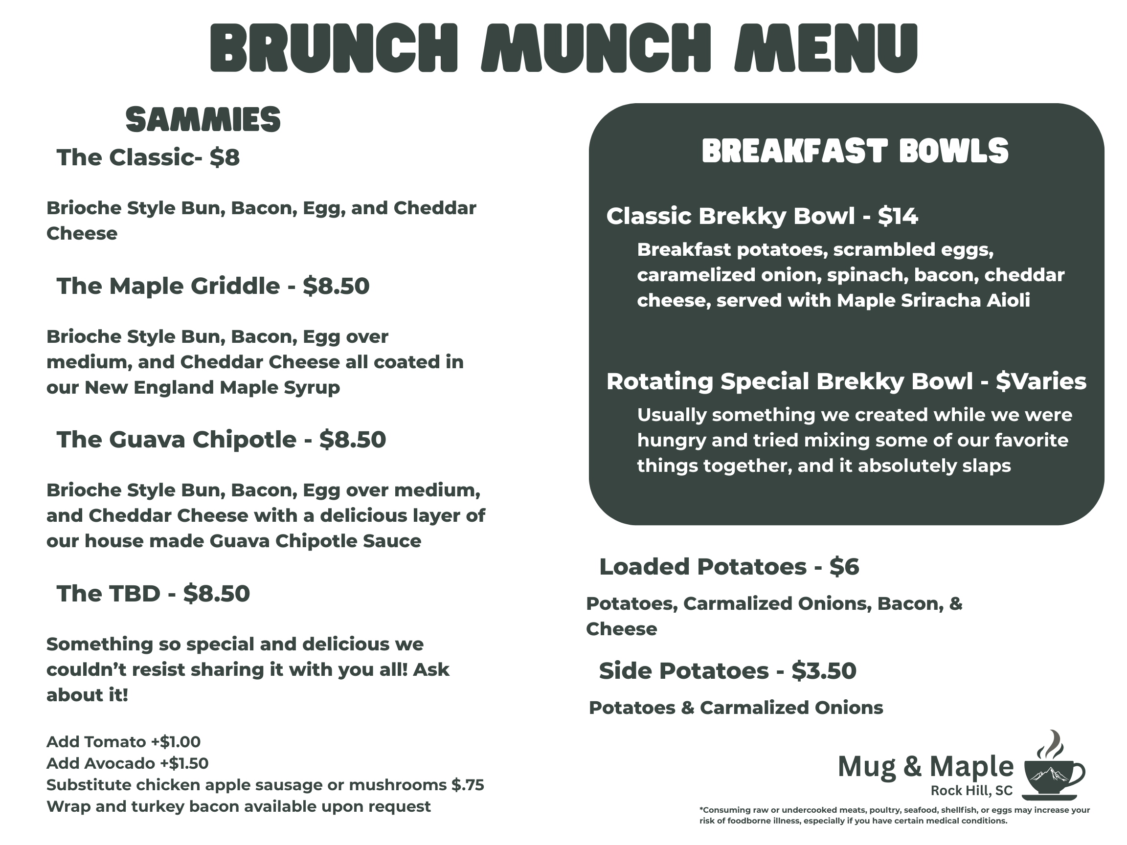Our Rock Hill Cafe Breakfast and brunch menu