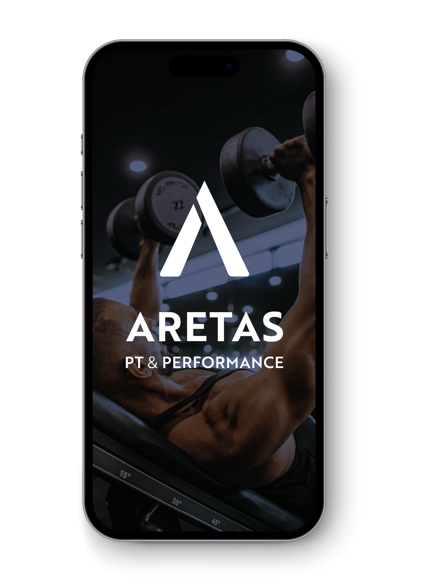 Iphone with the Aretas Performance logo to demonstrate they have a fitness app