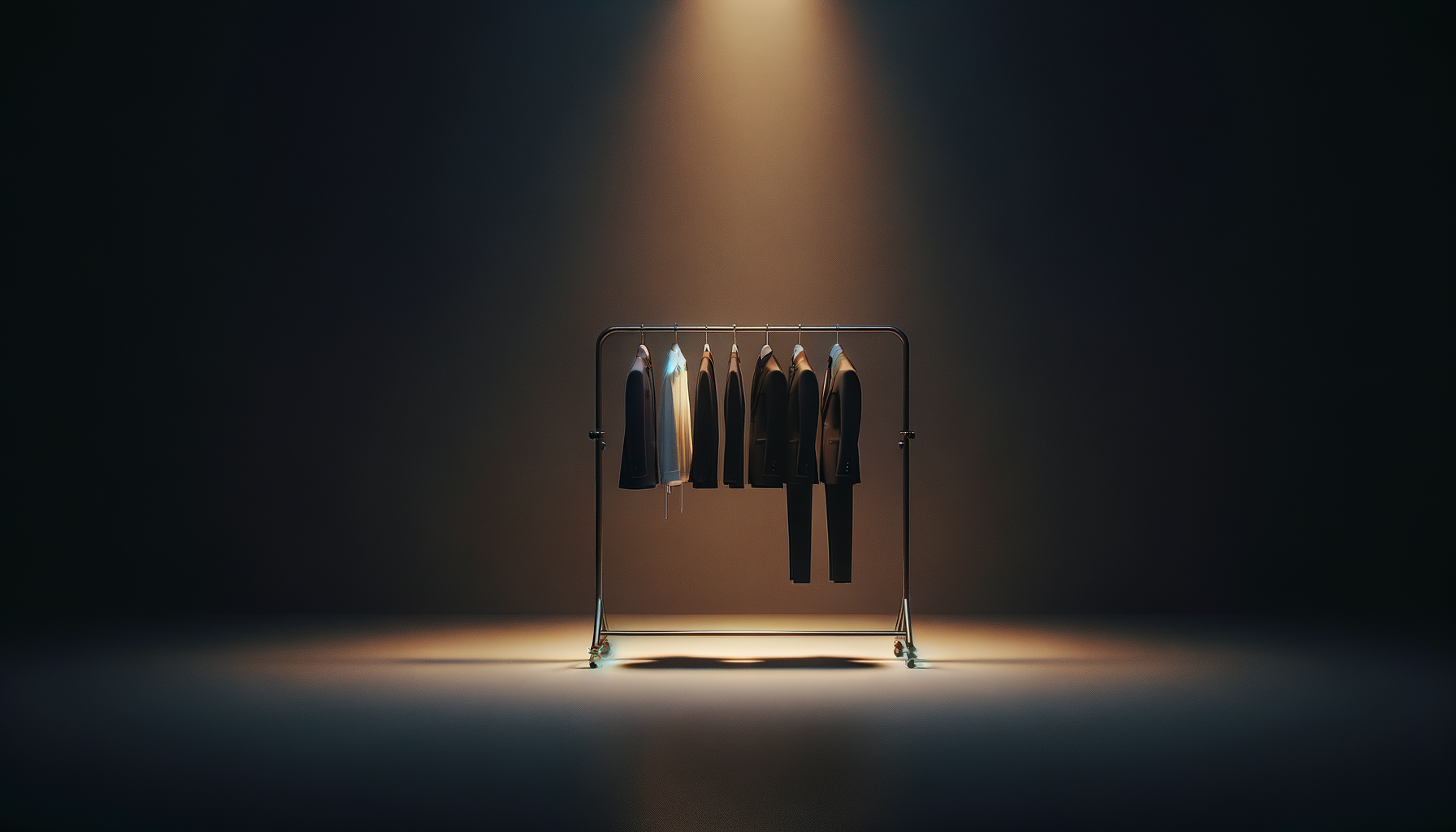 Clothing rack with five suits in various shades, spotlight on dark background.
