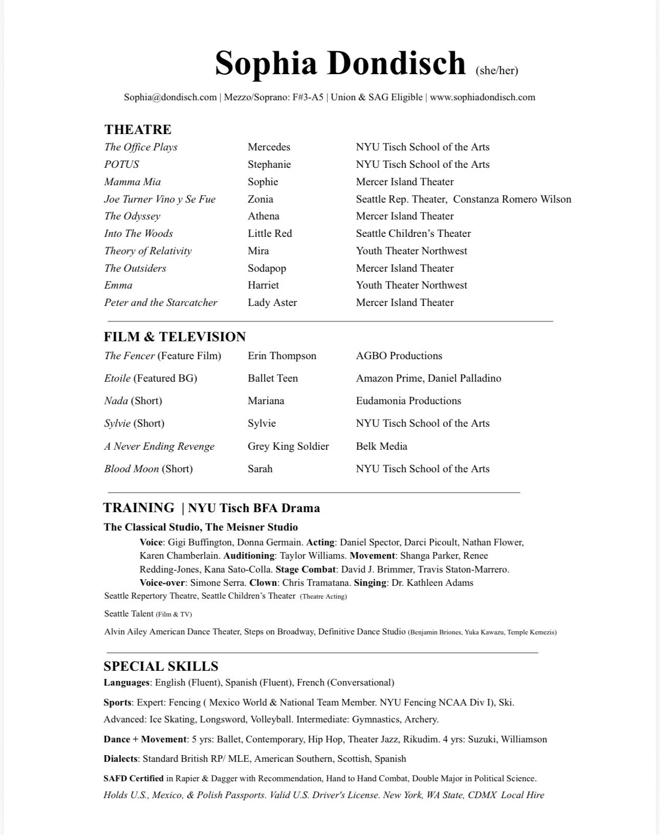 A resume for Sophia Dondisch listing her theatre, film, television, and training experiences, skills, and contact information.