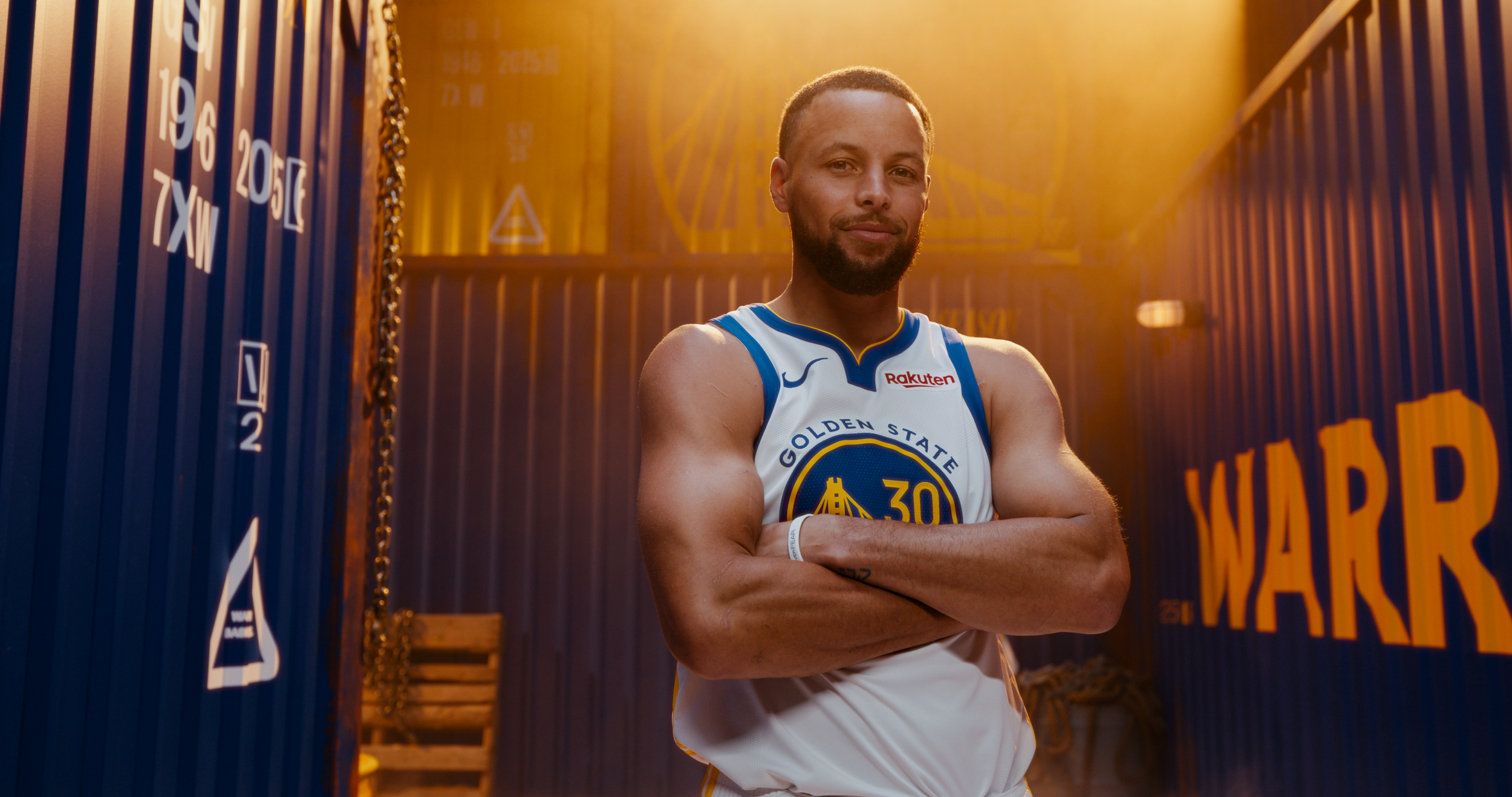 Steph Curry Golden State Warriors Media Day in California on unique set build wearing Under Armor shoes.